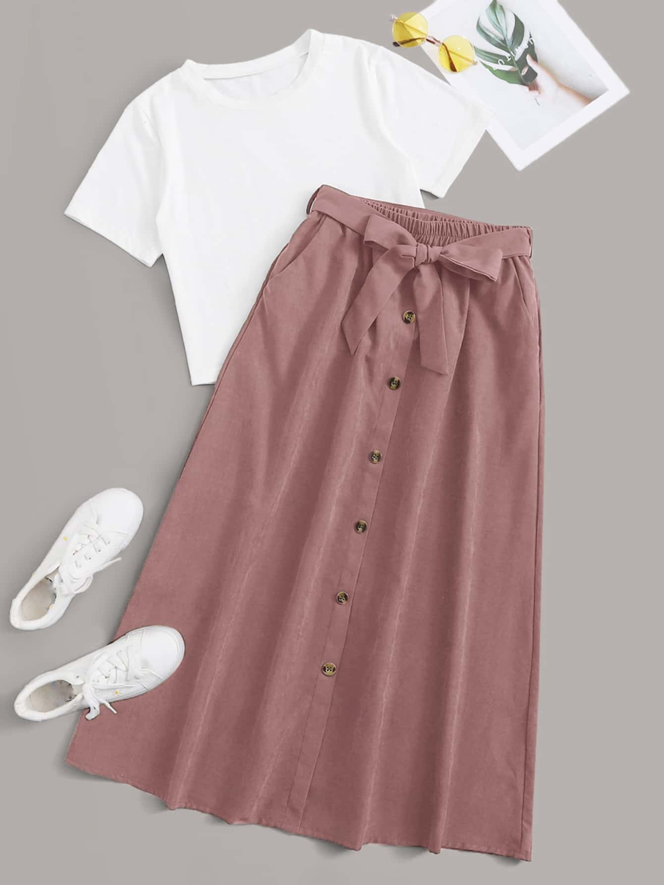 Solid Tee & Self Tie  Button Front Skirt