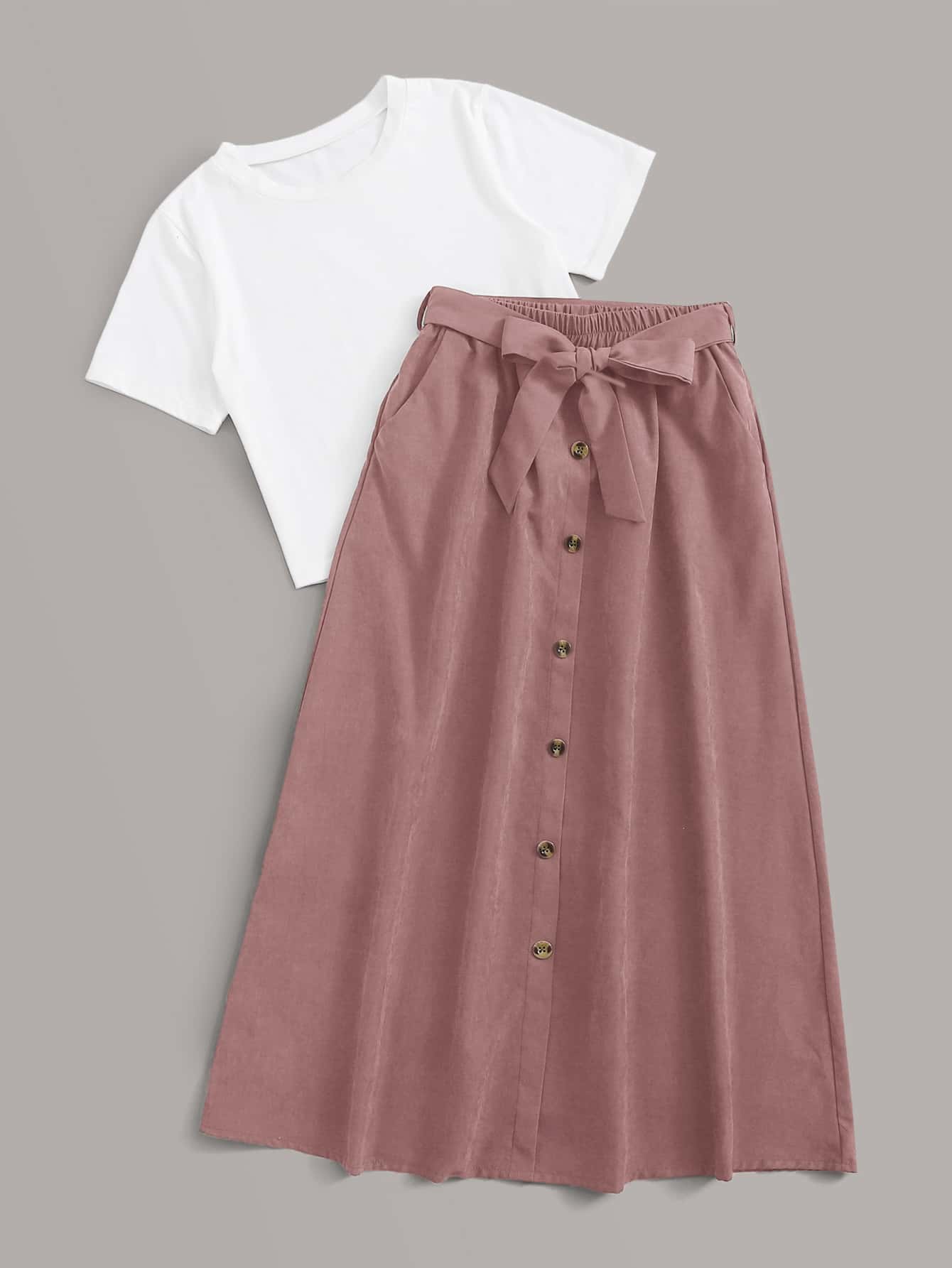 Solid Tee & Self Tie  Button Front Skirt