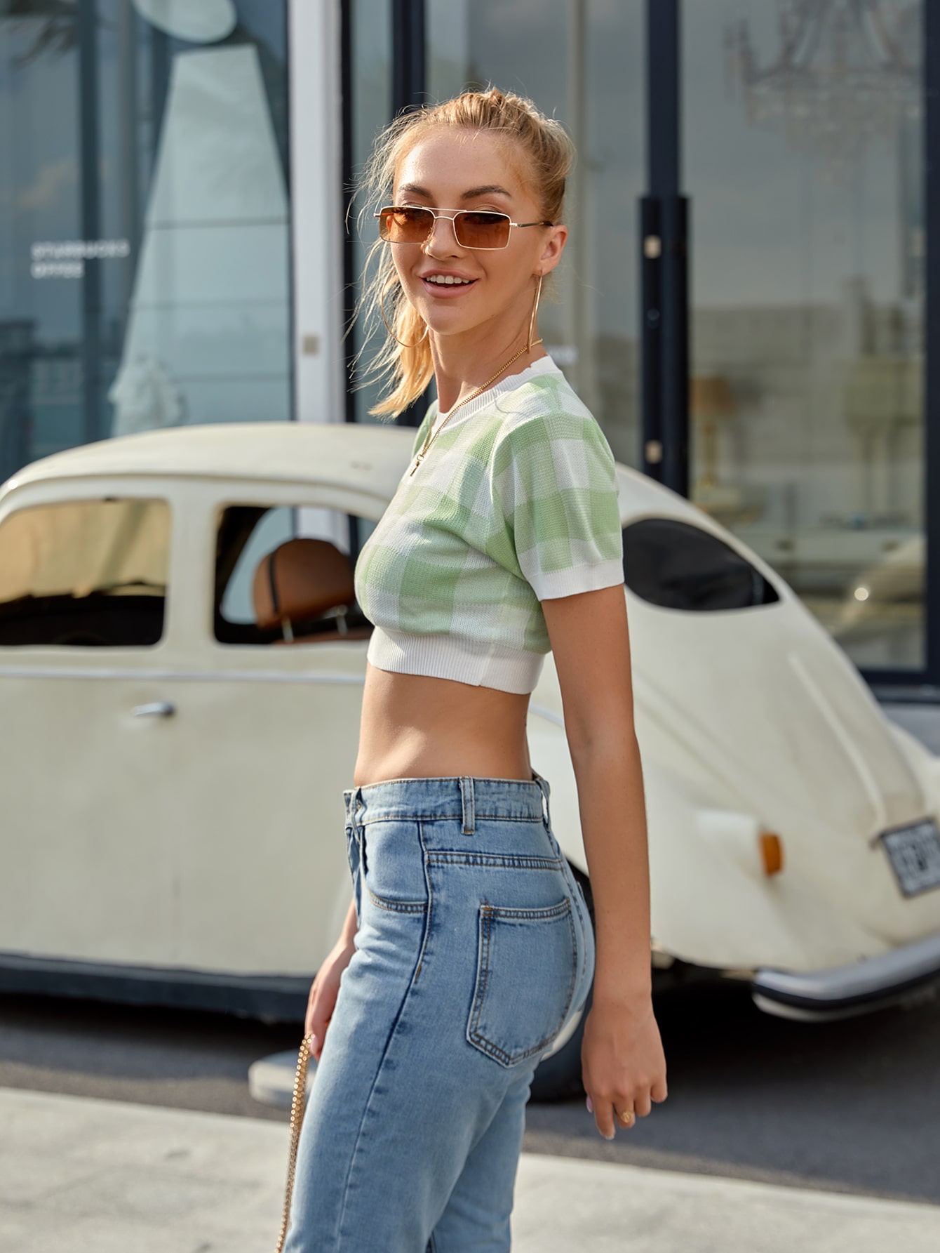 Gingham Crop Knit Top