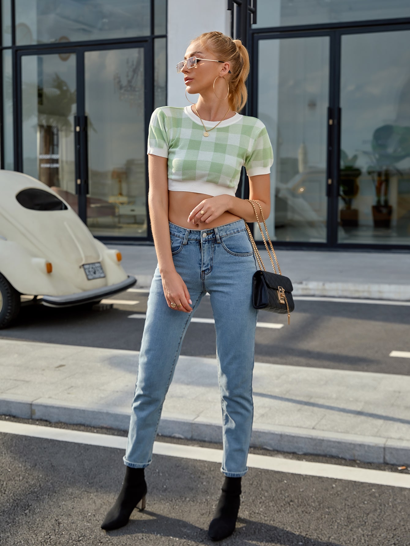Gingham Crop Knit Top