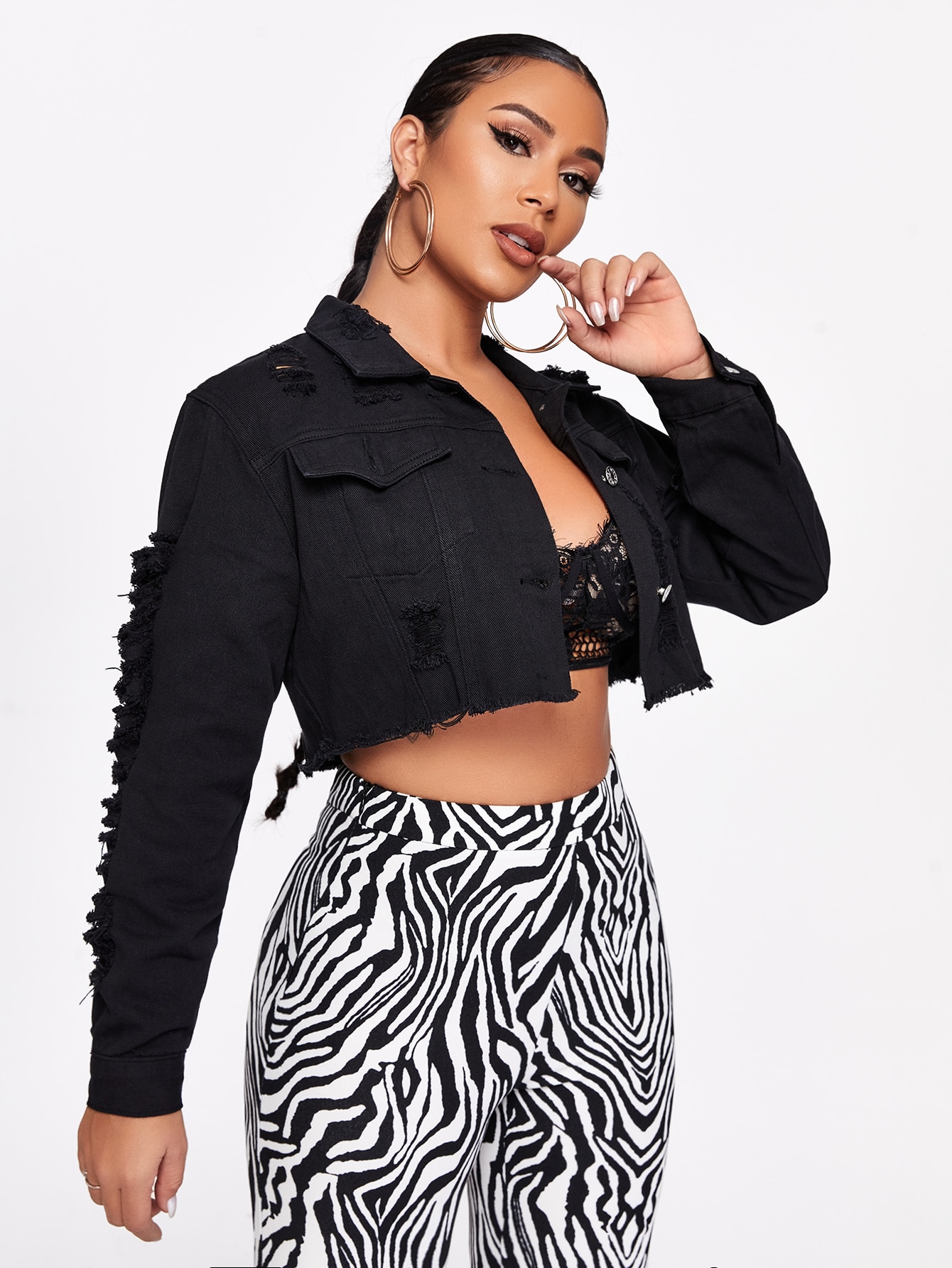 Distressed Button-Front Cropped Denim Jacket