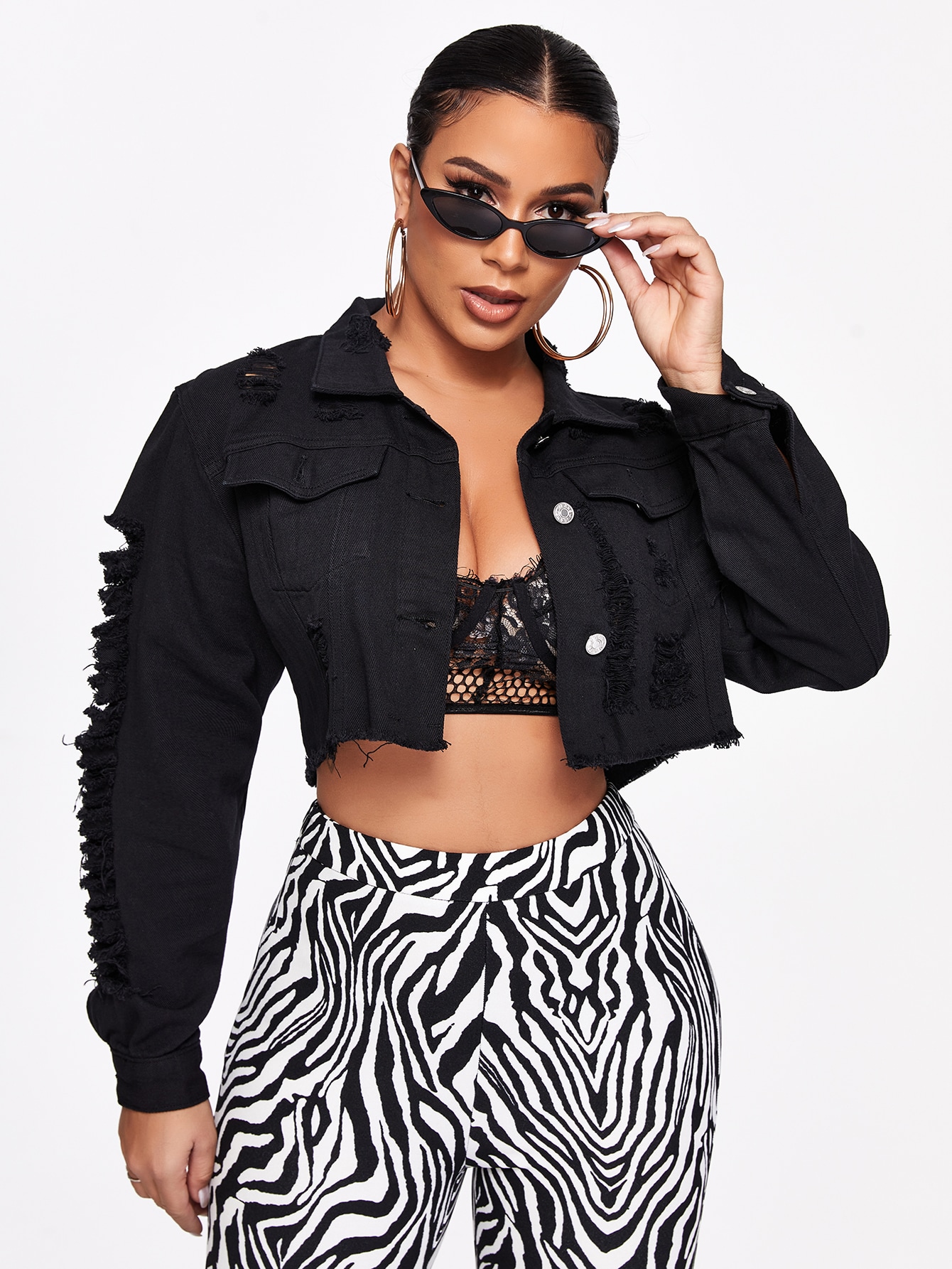 Distressed Button-Front Cropped Denim Jacket