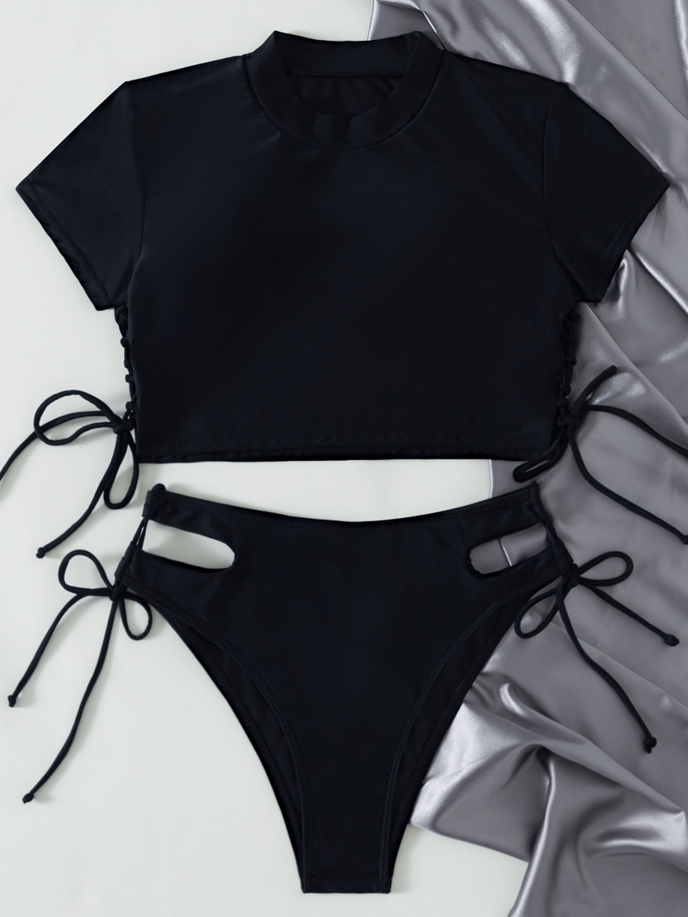 Summer Beach Solid Bikini Set Short Sleeve Tee & Cut Out Tie Side Bottom 2 Piece Bathing Suit