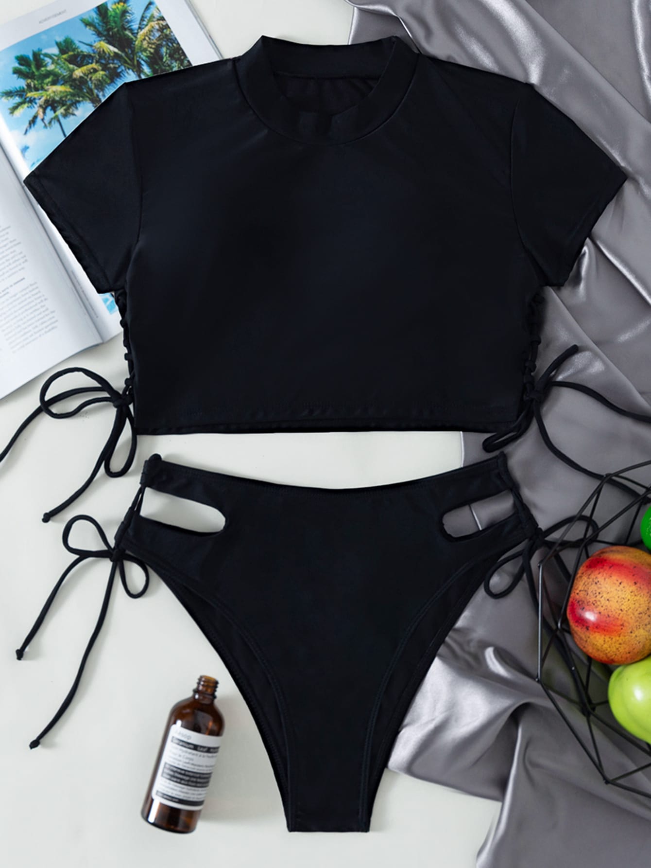 Summer Beach Solid Bikini Set Short Sleeve Tee & Cut Out Tie Side Bottom 2 Piece Bathing Suit