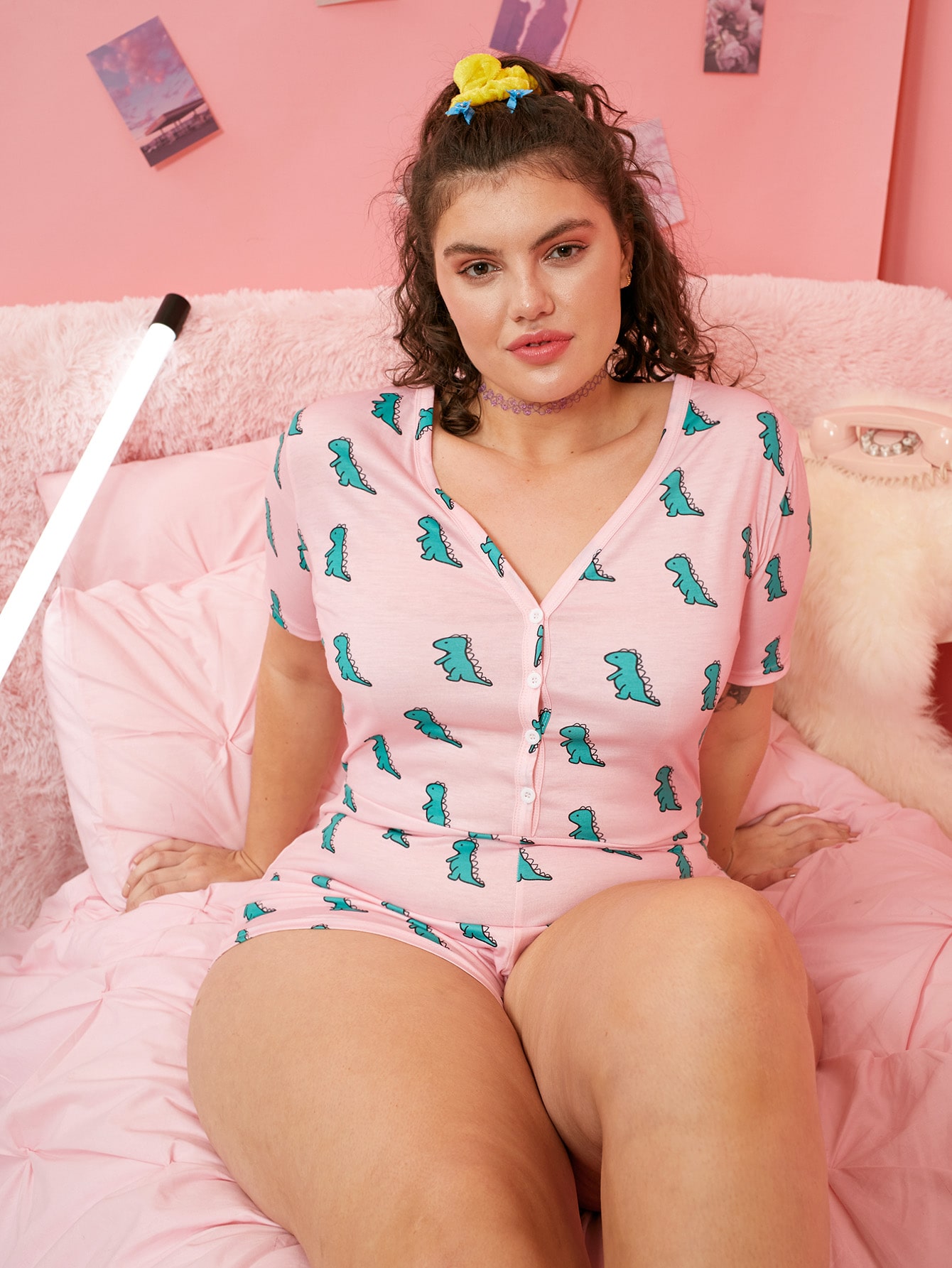 Plus Allover Dinosaur Print Pajama Romper