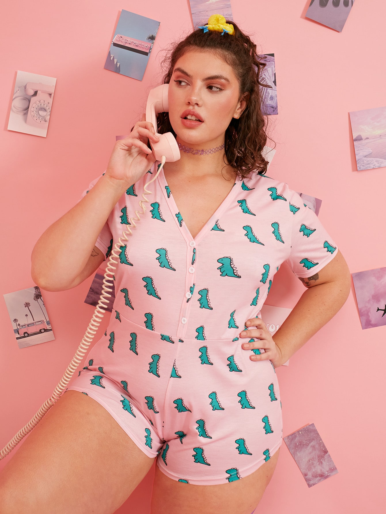 Plus Allover Dinosaur Print Pajama Romper