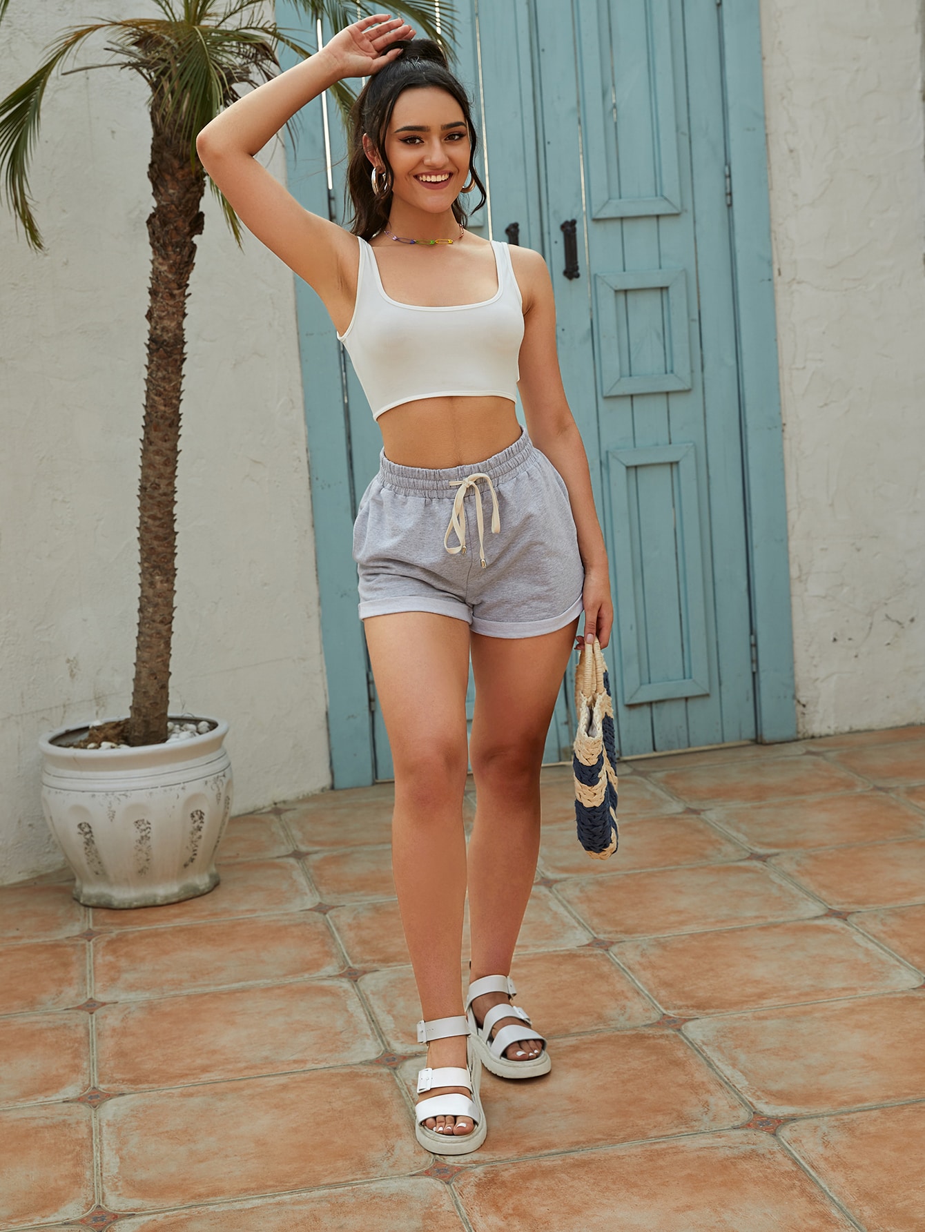 Drawstring Rolled Hem Track Shorts