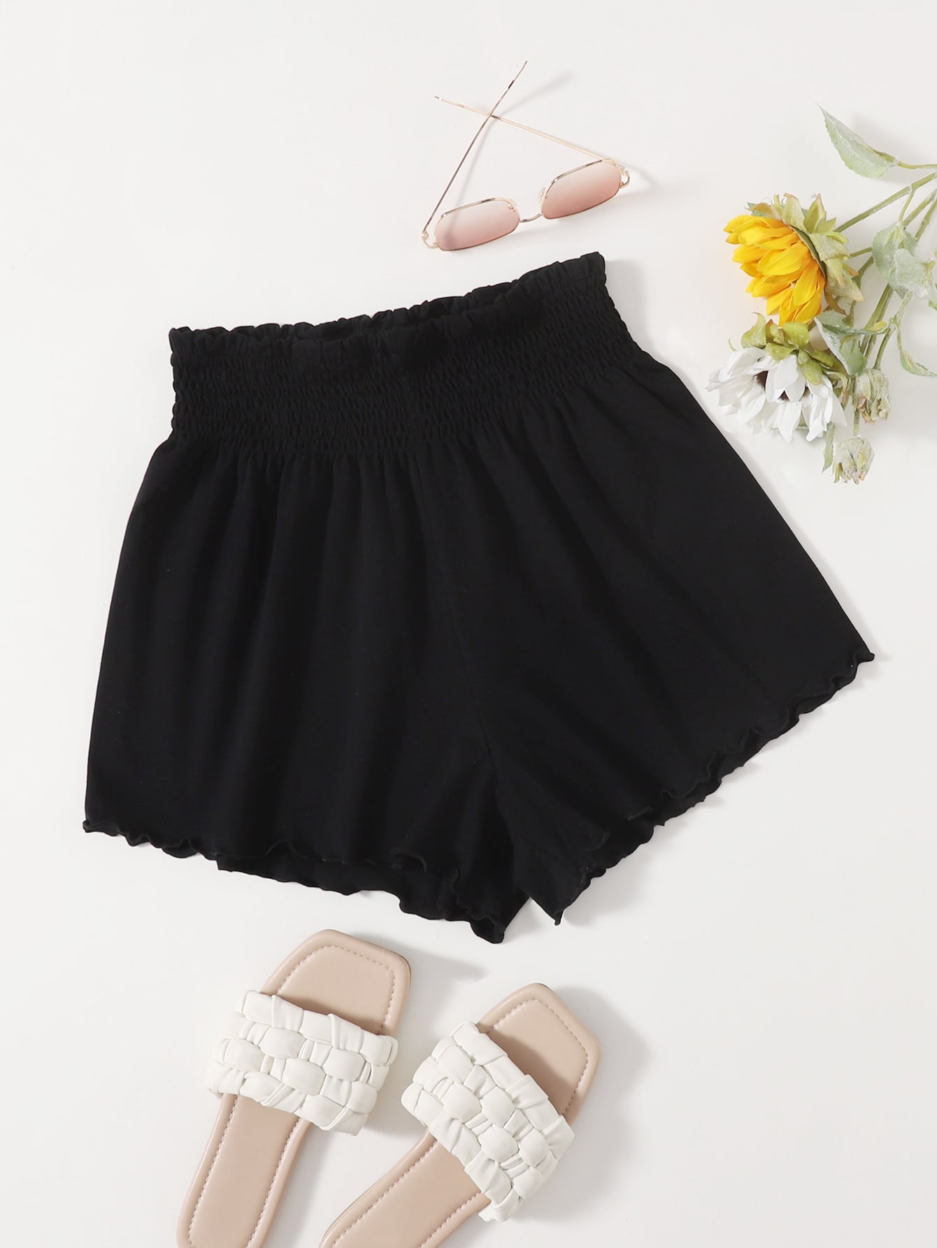 Shirred Waist Lettuce Trim Shorts