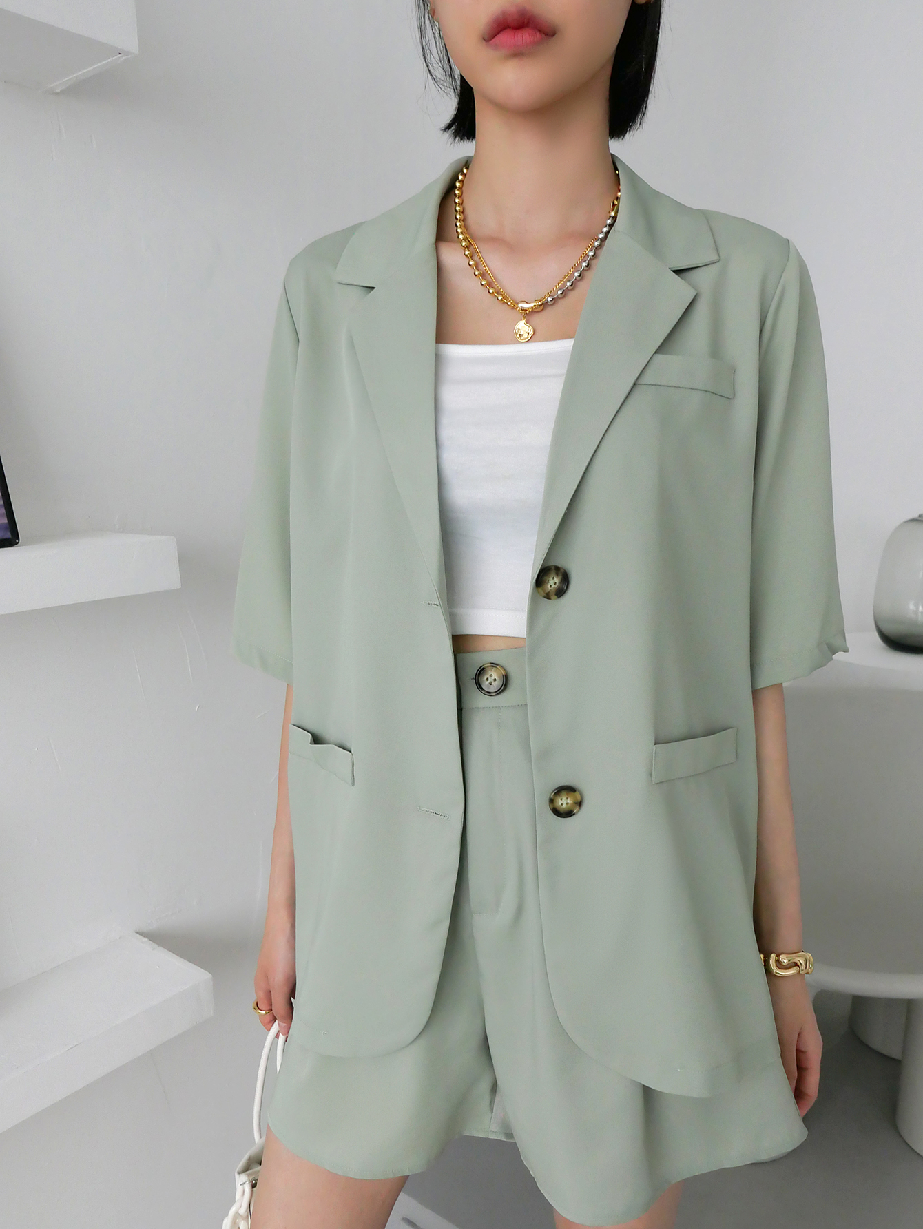 Lapel Collar Button Front Blouse With Shorts Without Cami Top