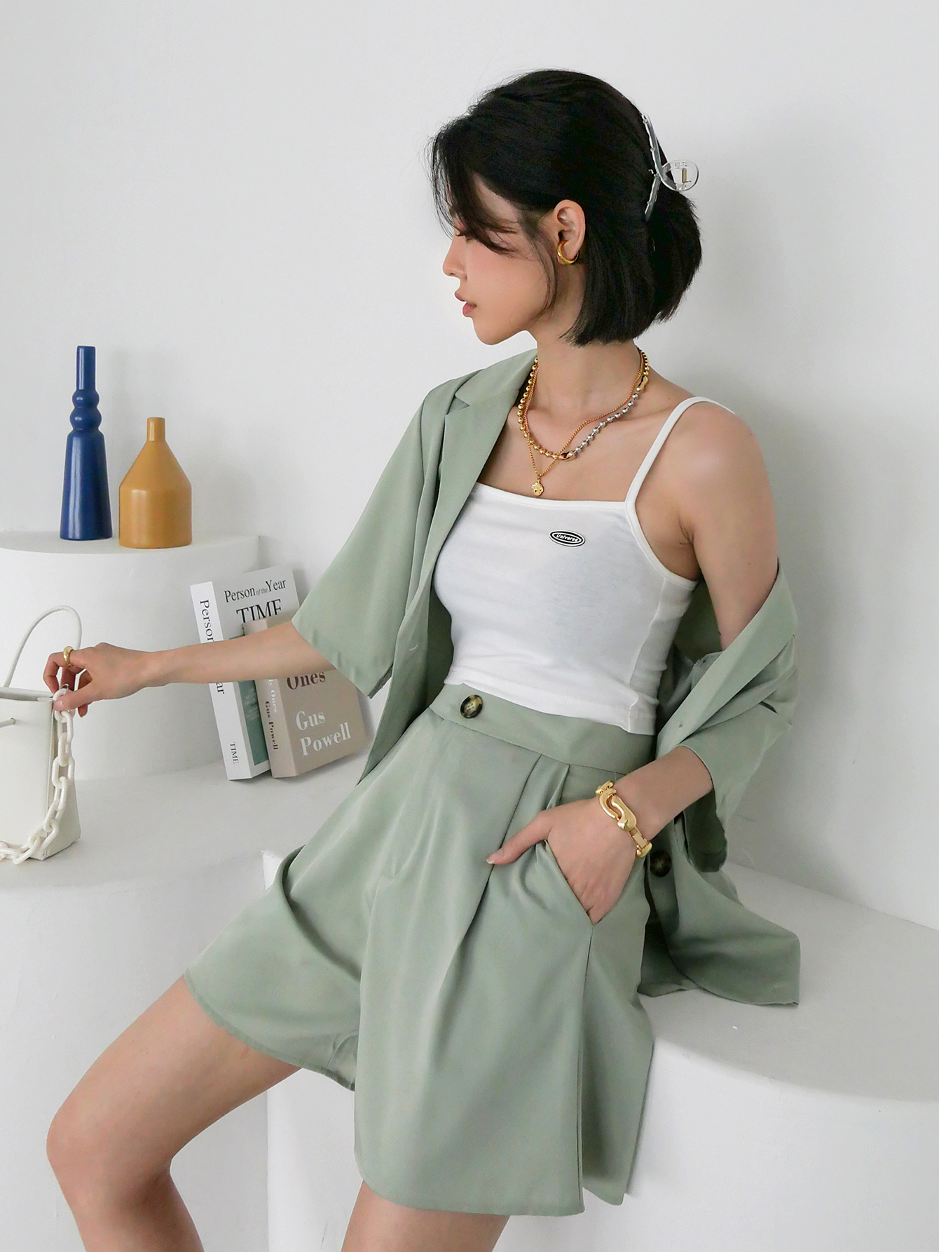 Lapel Collar Button Front Blouse With Shorts Without Cami Top