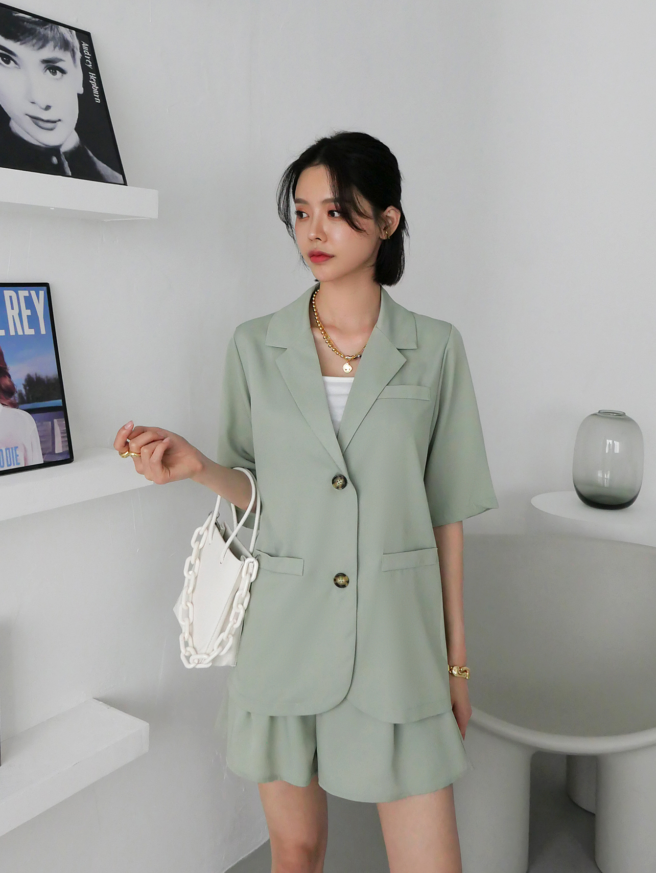 Lapel Collar Button Front Blouse With Shorts Without Cami Top