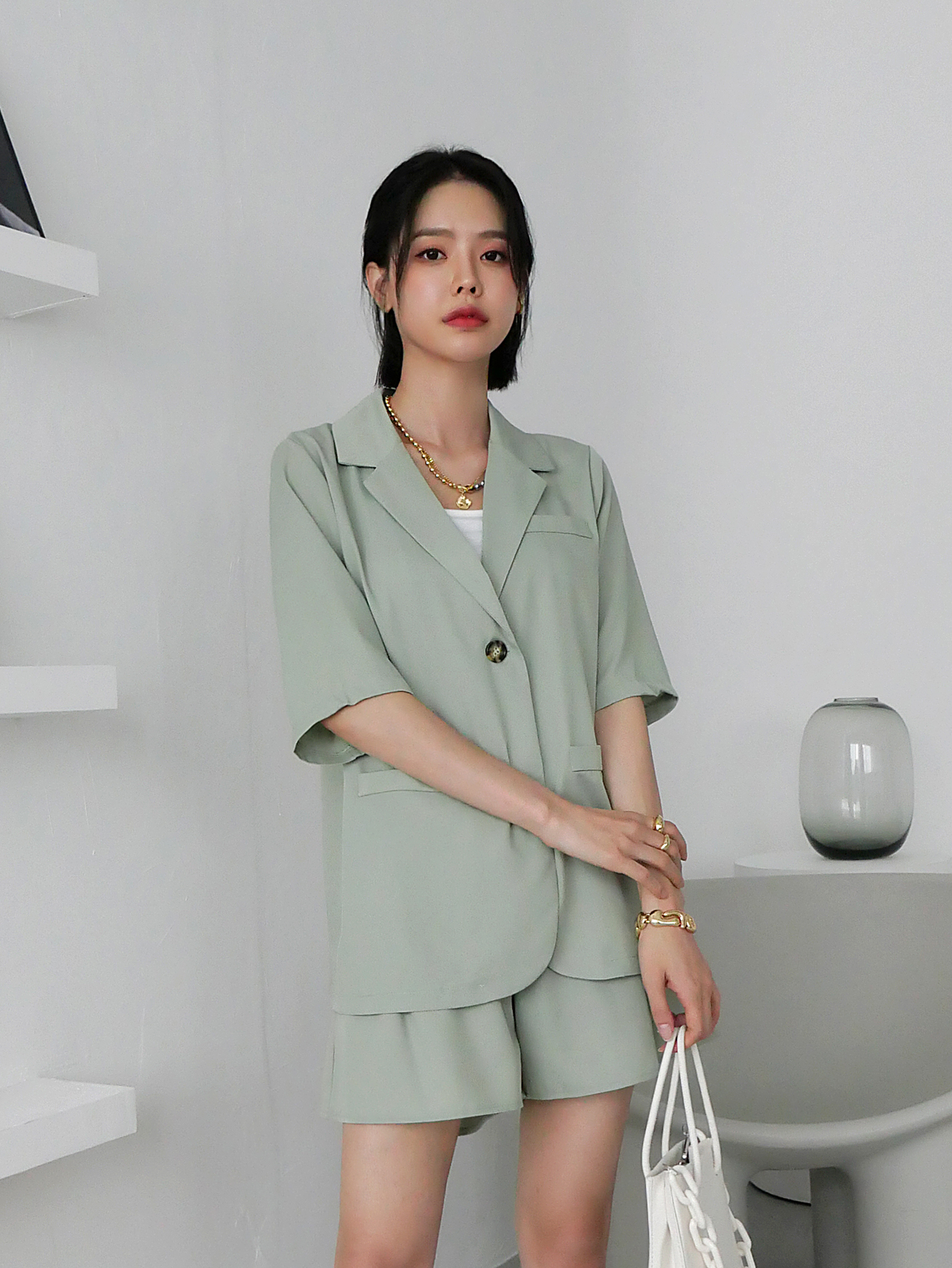 Lapel Collar Button Front Blouse With Shorts Without Cami Top