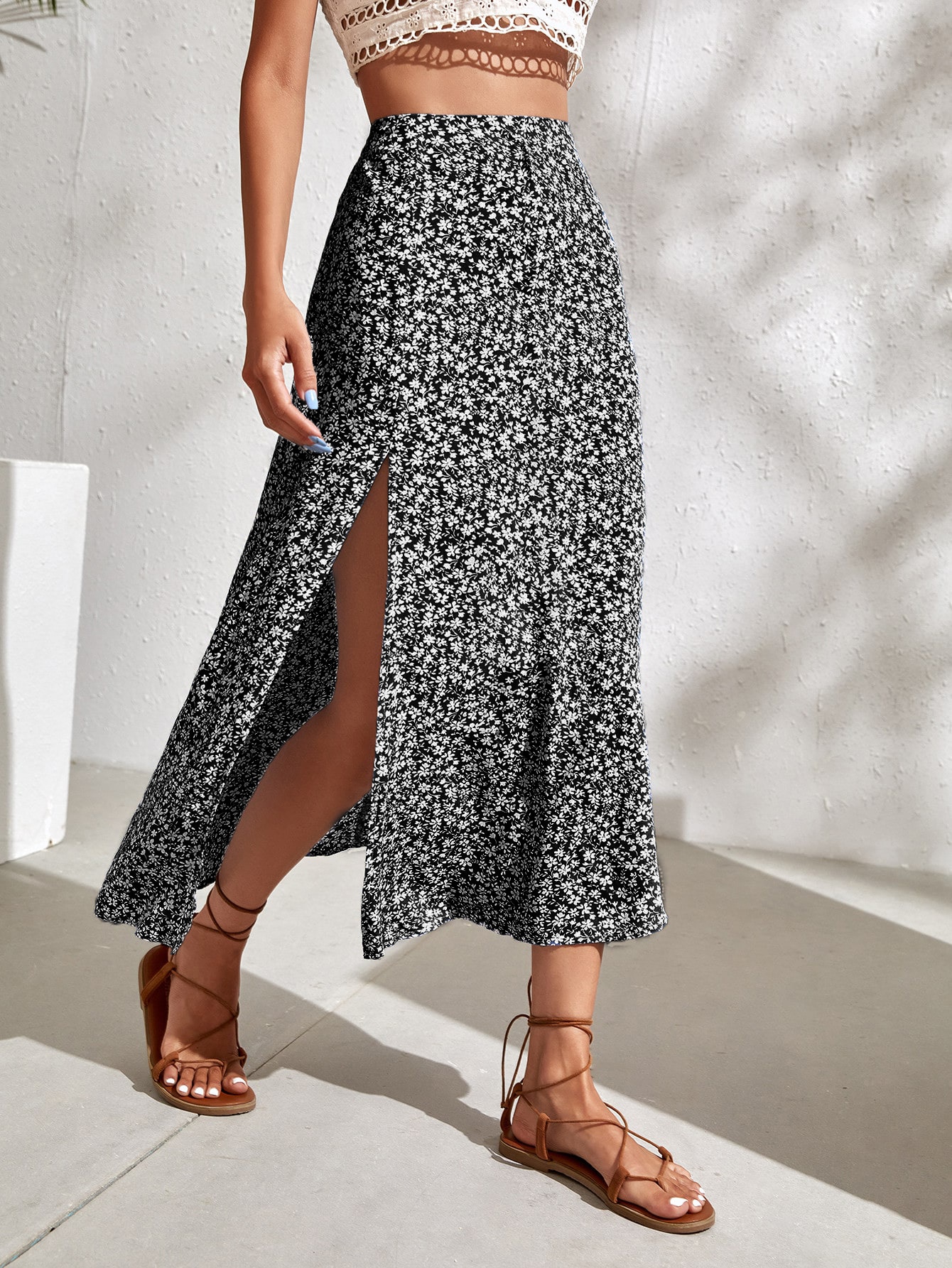 Ditsy Floral Split Thigh Skirt Maxi Vacation Beach Outfits Women