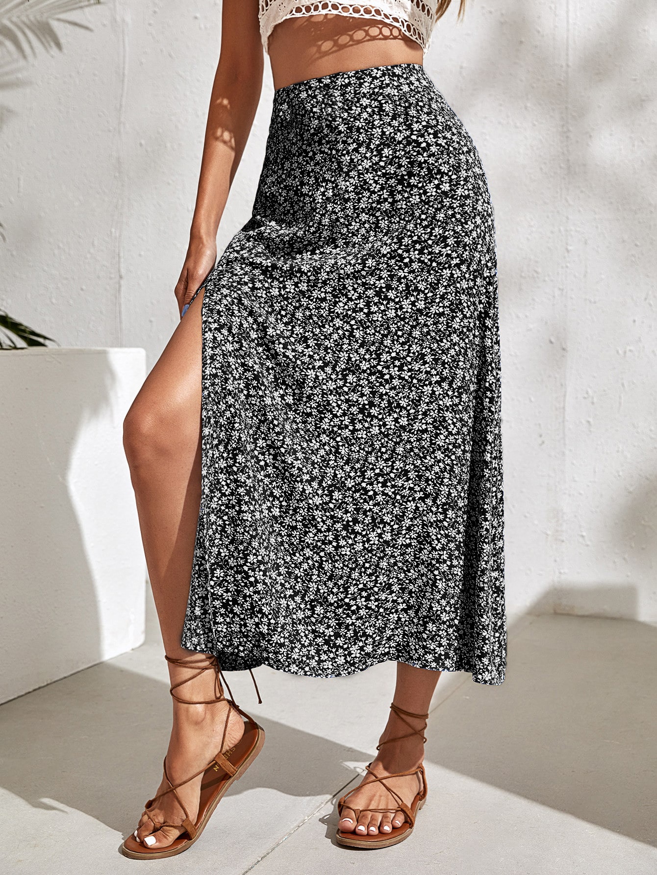 Ditsy Floral Split Thigh Skirt Maxi Vacation Beach Outfits Women