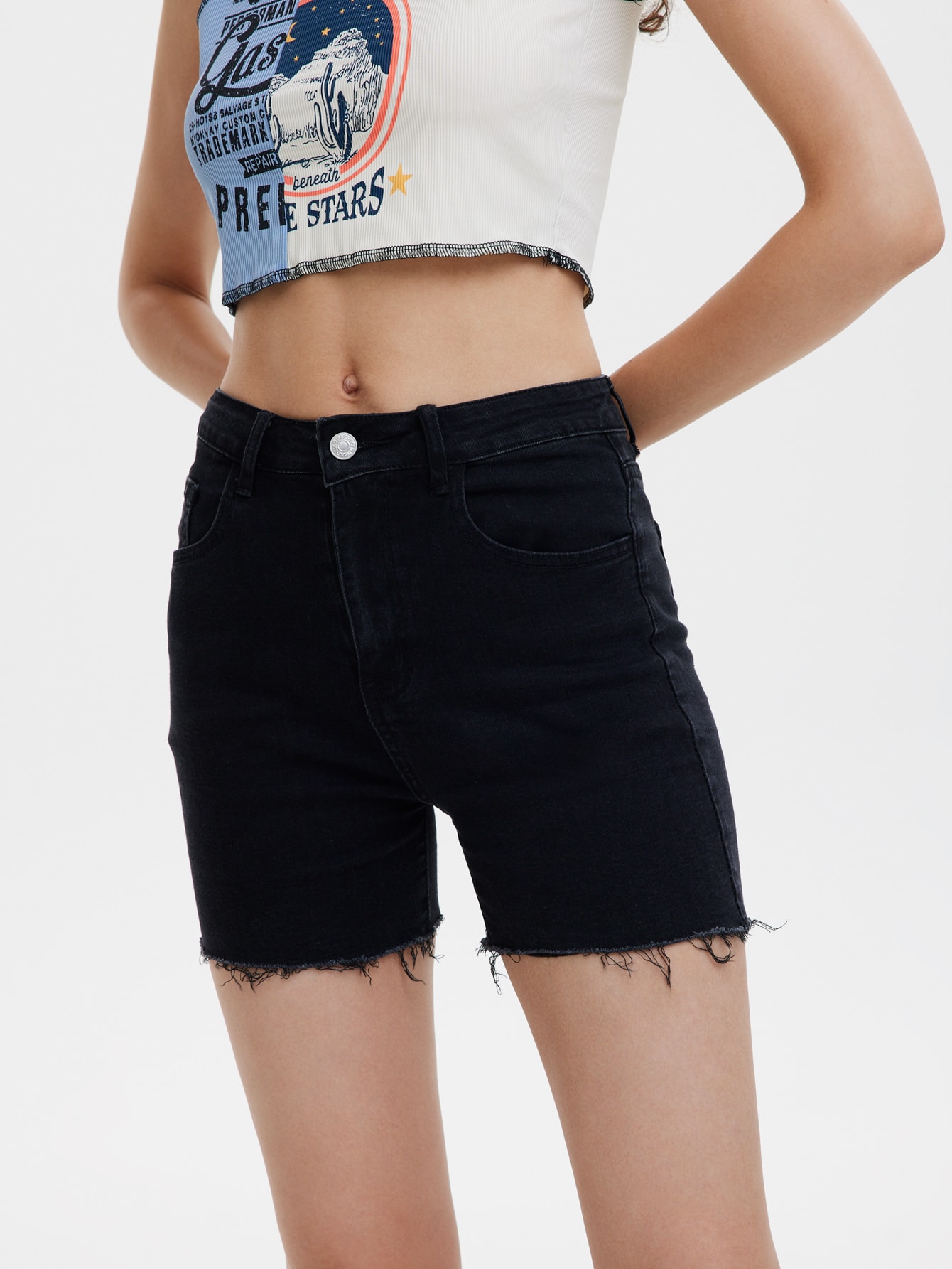 Fire Embroidery Raw Hem Denim Shorts