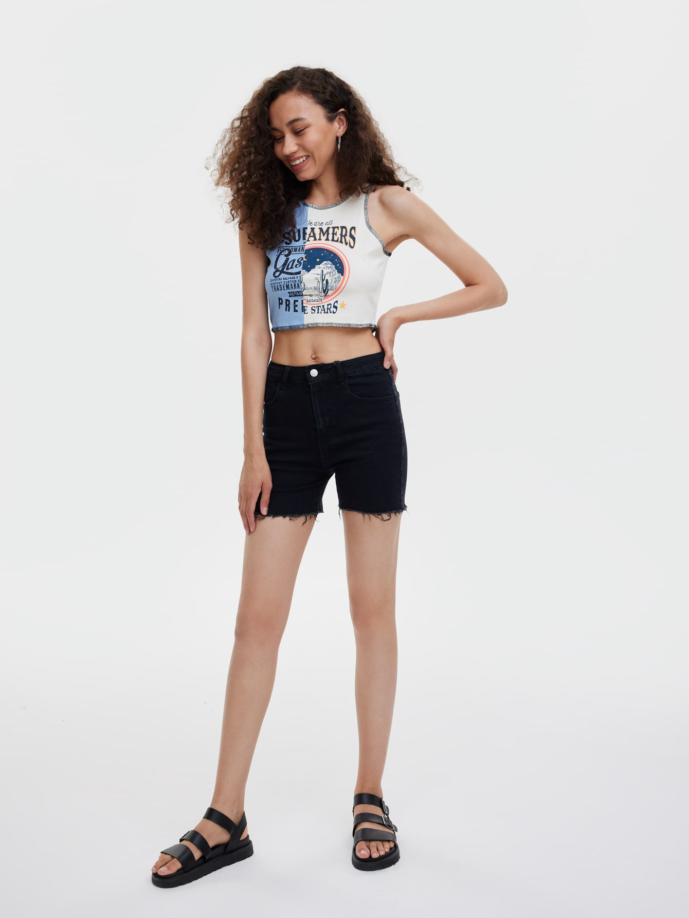 Fire Embroidery Raw Hem Denim Shorts