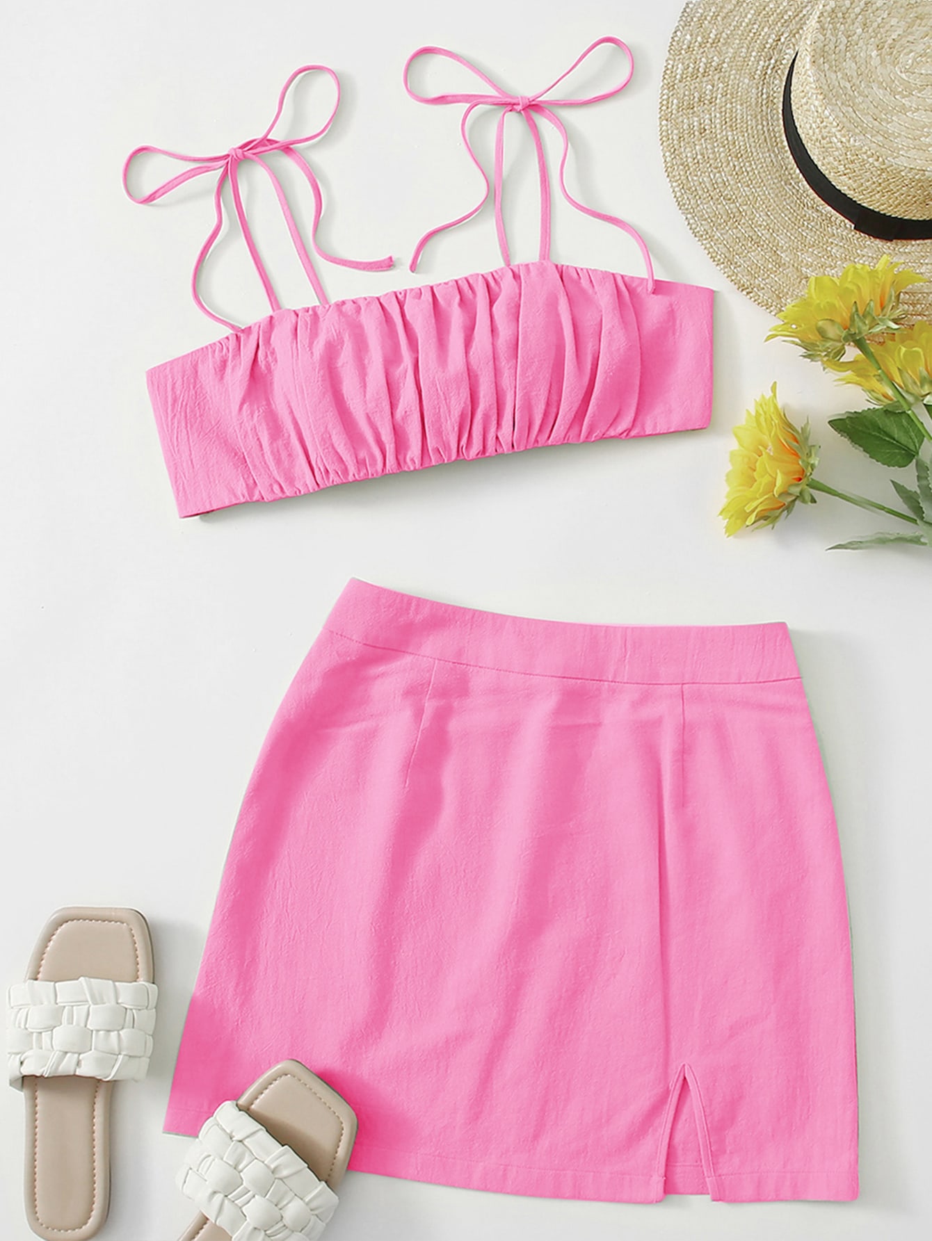 Knot Shoulder Tie Back Ruched Bust Crop Cami Top & Split Hem Skirt Set
