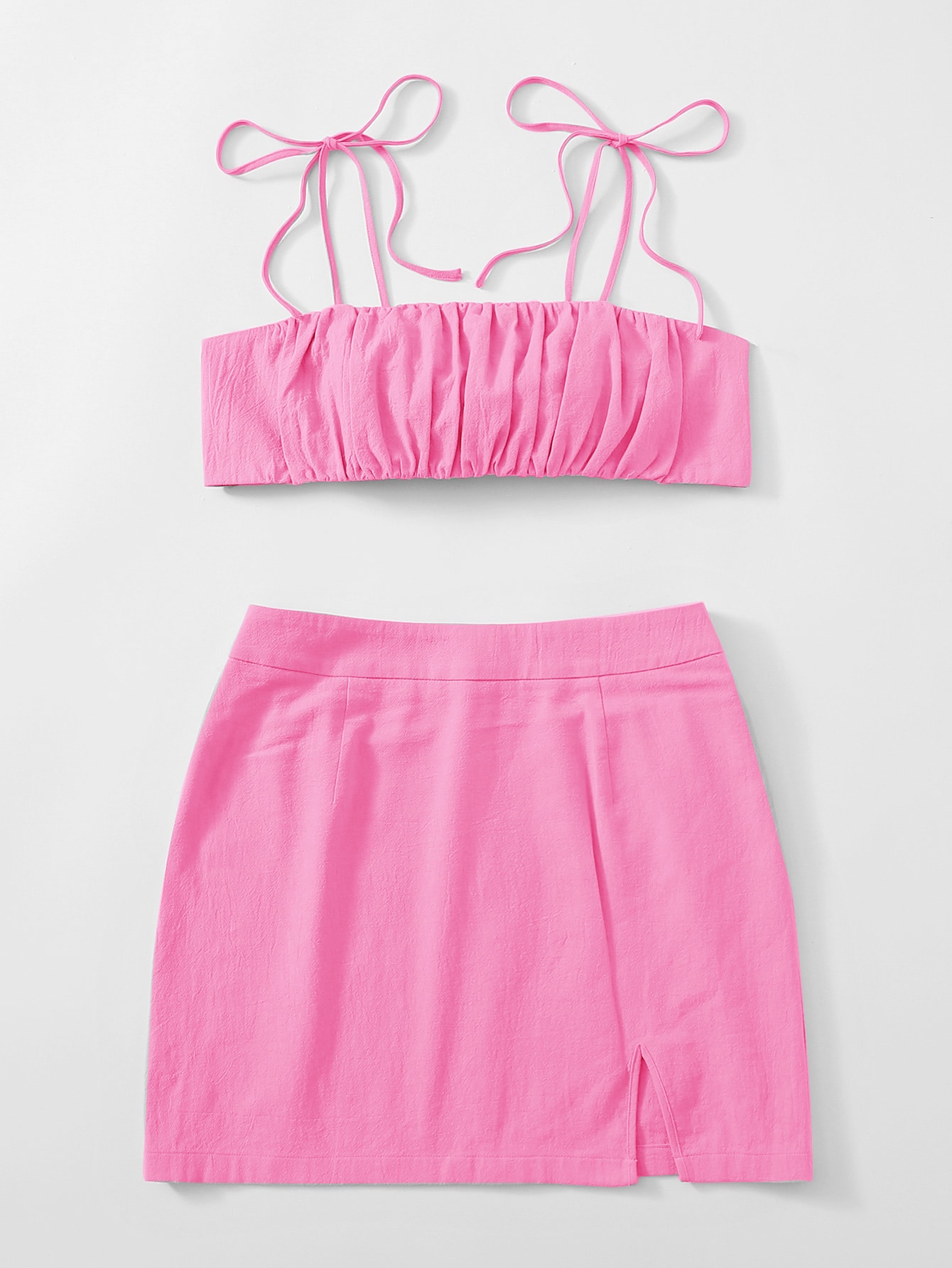 Knot Shoulder Tie Back Ruched Bust Crop Cami Top & Split Hem Skirt Set