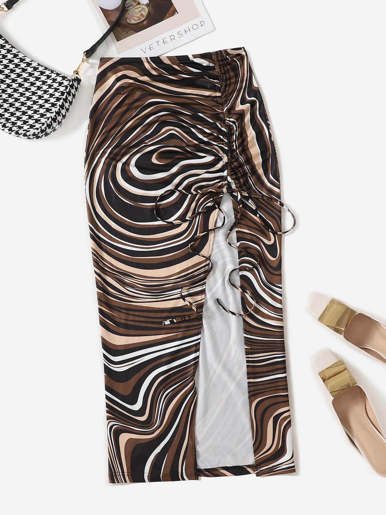 Plus Allover Print Drawstring Front Split Thigh Skirt