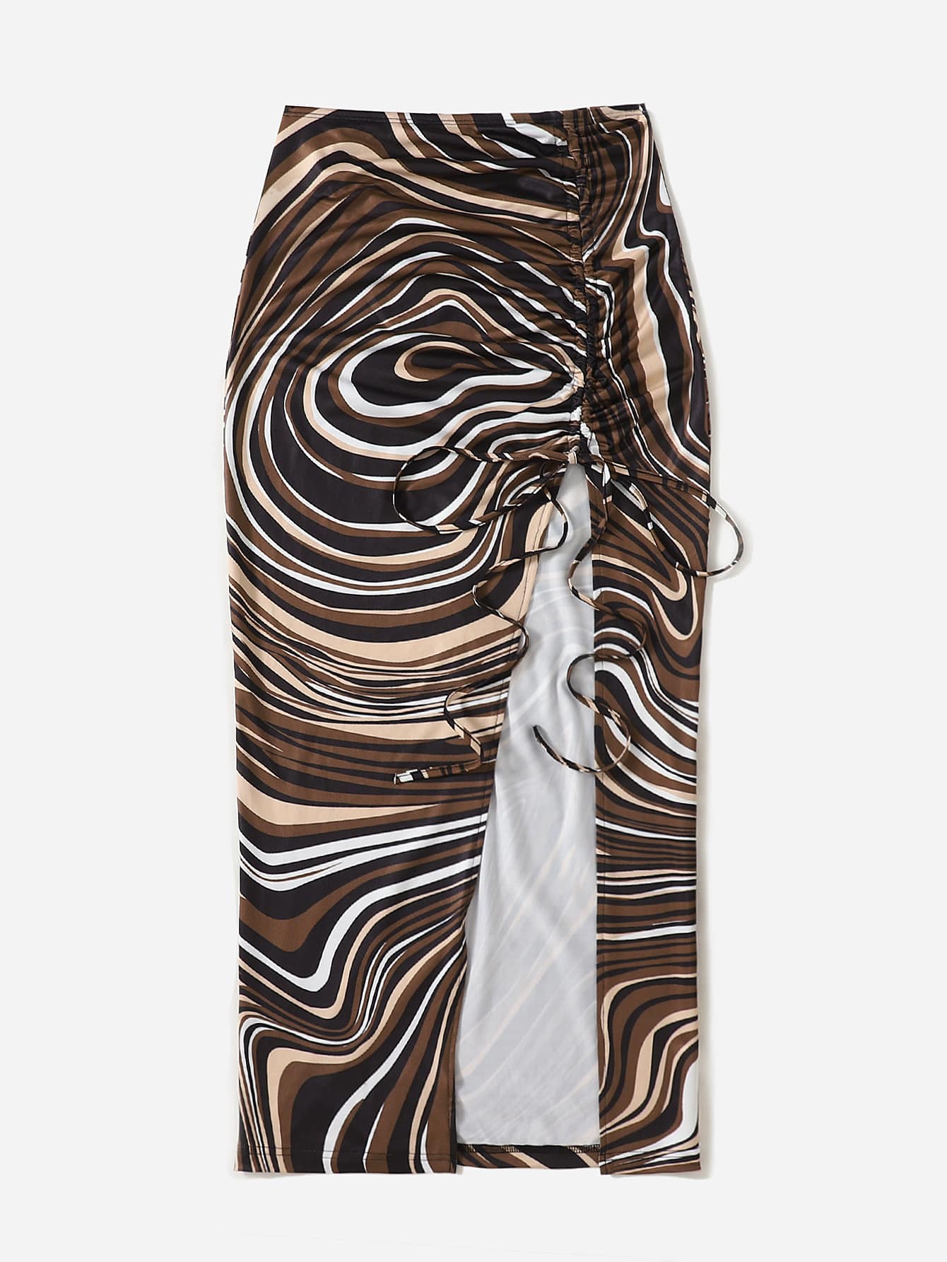 Plus Allover Print Drawstring Front Split Thigh Skirt