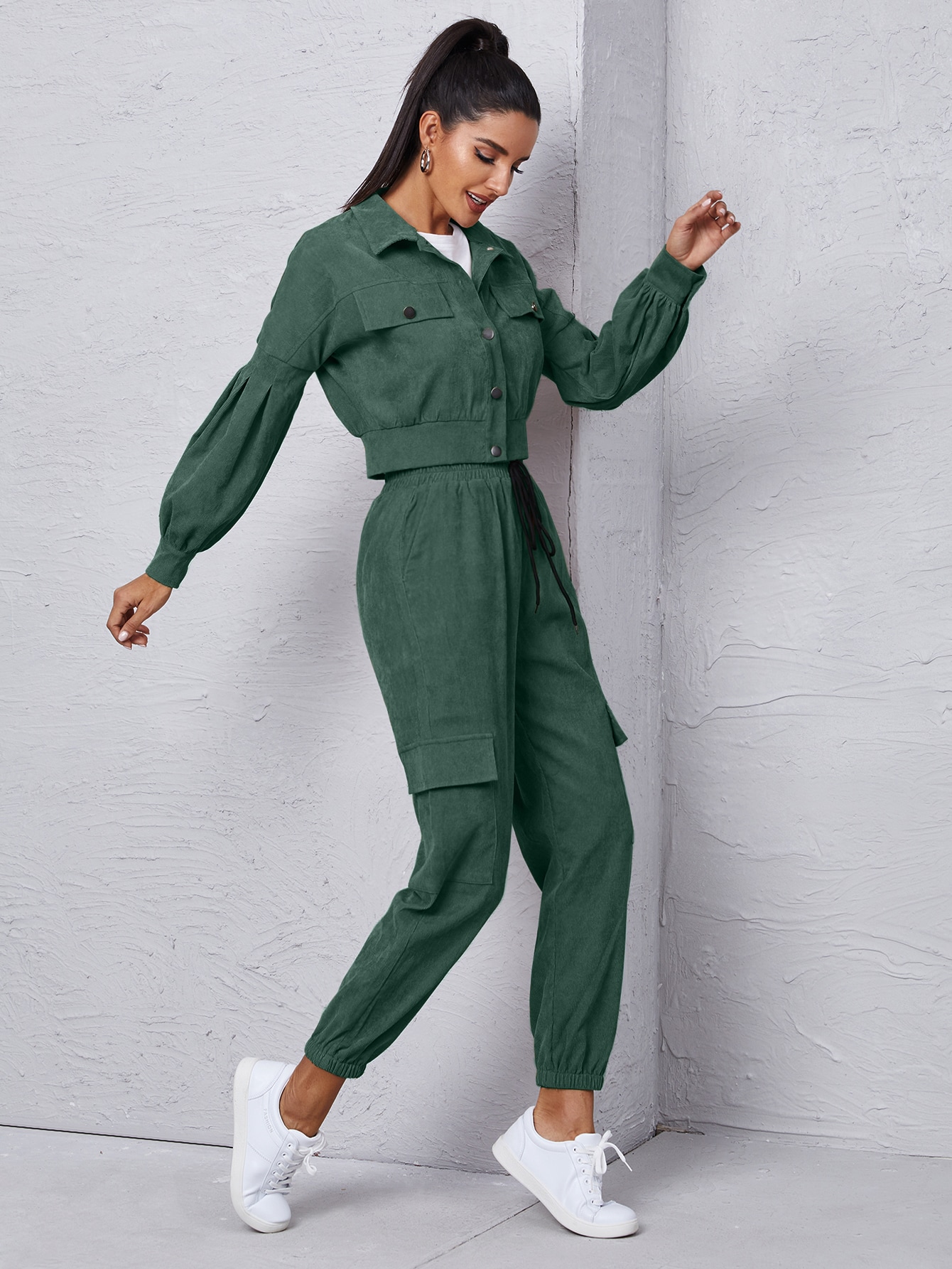 Corduroy Flap Detail Jacket With Tie Front Cargo Pants
