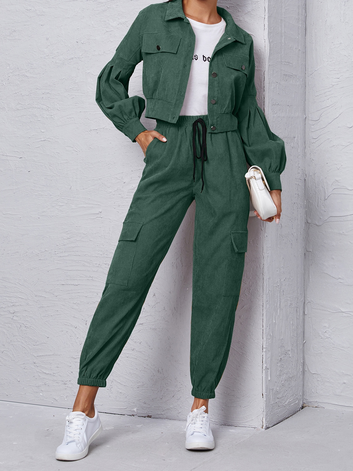 Corduroy Flap Detail Jacket With Tie Front Cargo Pants