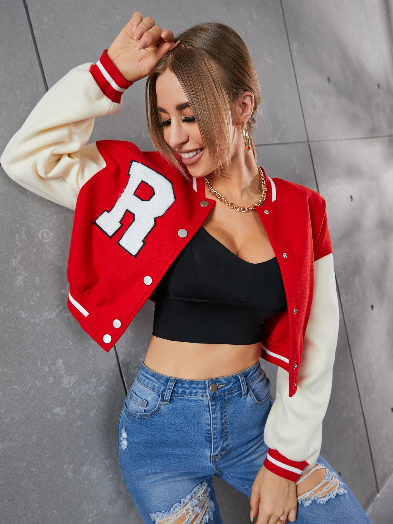 Letter Patched Striped Trim Drop Shoulder Varsity Jacket