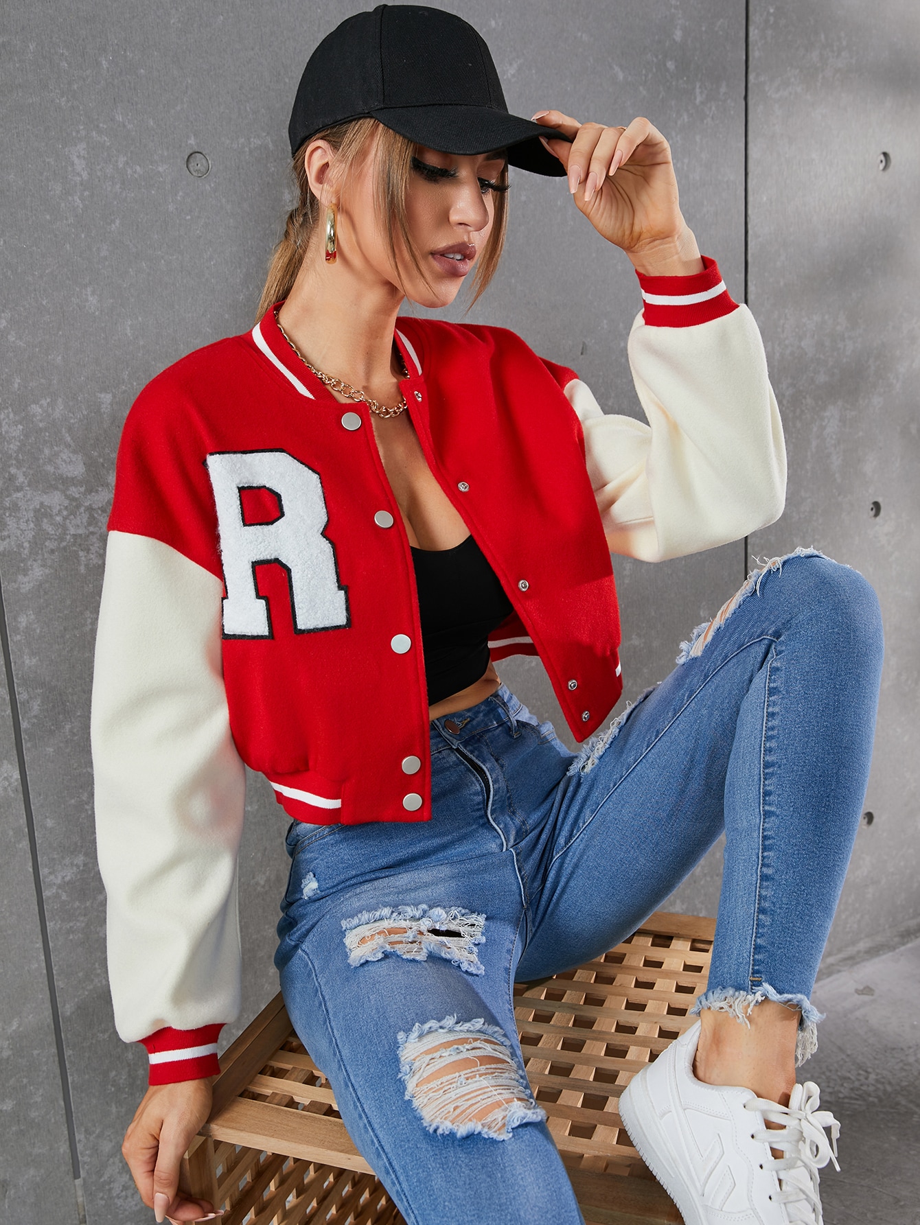 Letter Patched Striped Trim Drop Shoulder Varsity Jacket