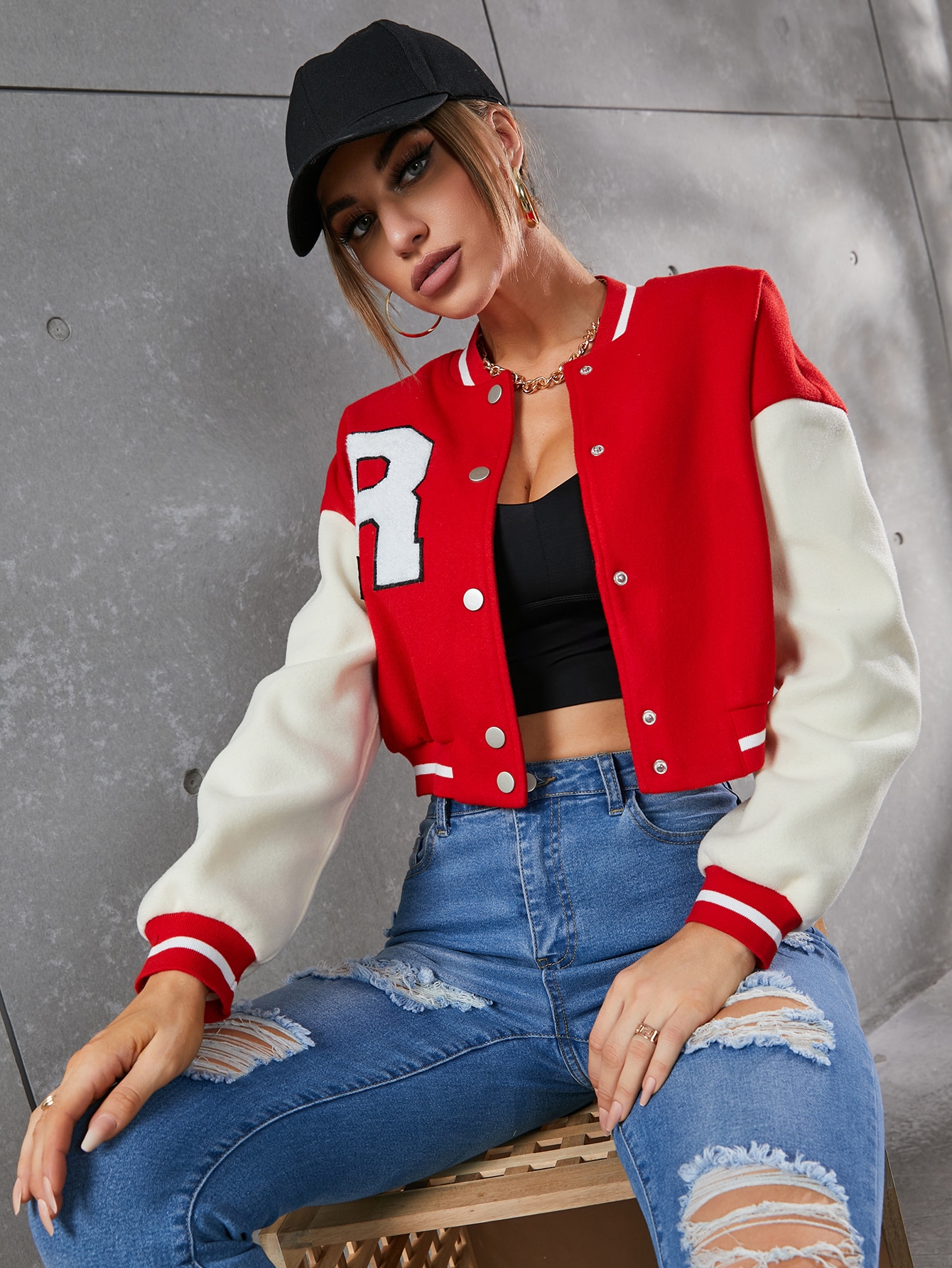 Letter Patched Striped Trim Drop Shoulder Varsity Jacket