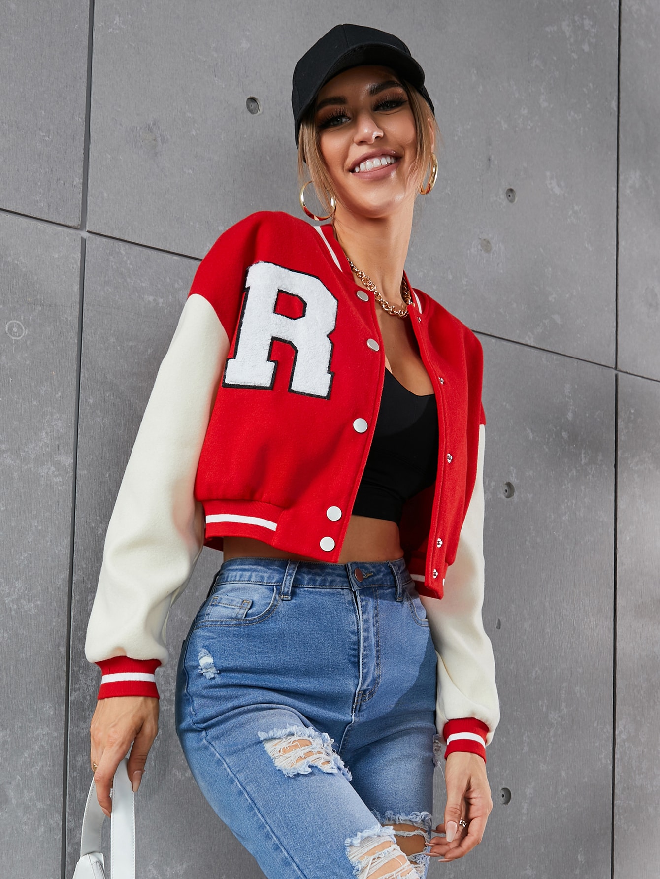 Letter Patched Striped Trim Drop Shoulder Varsity Jacket