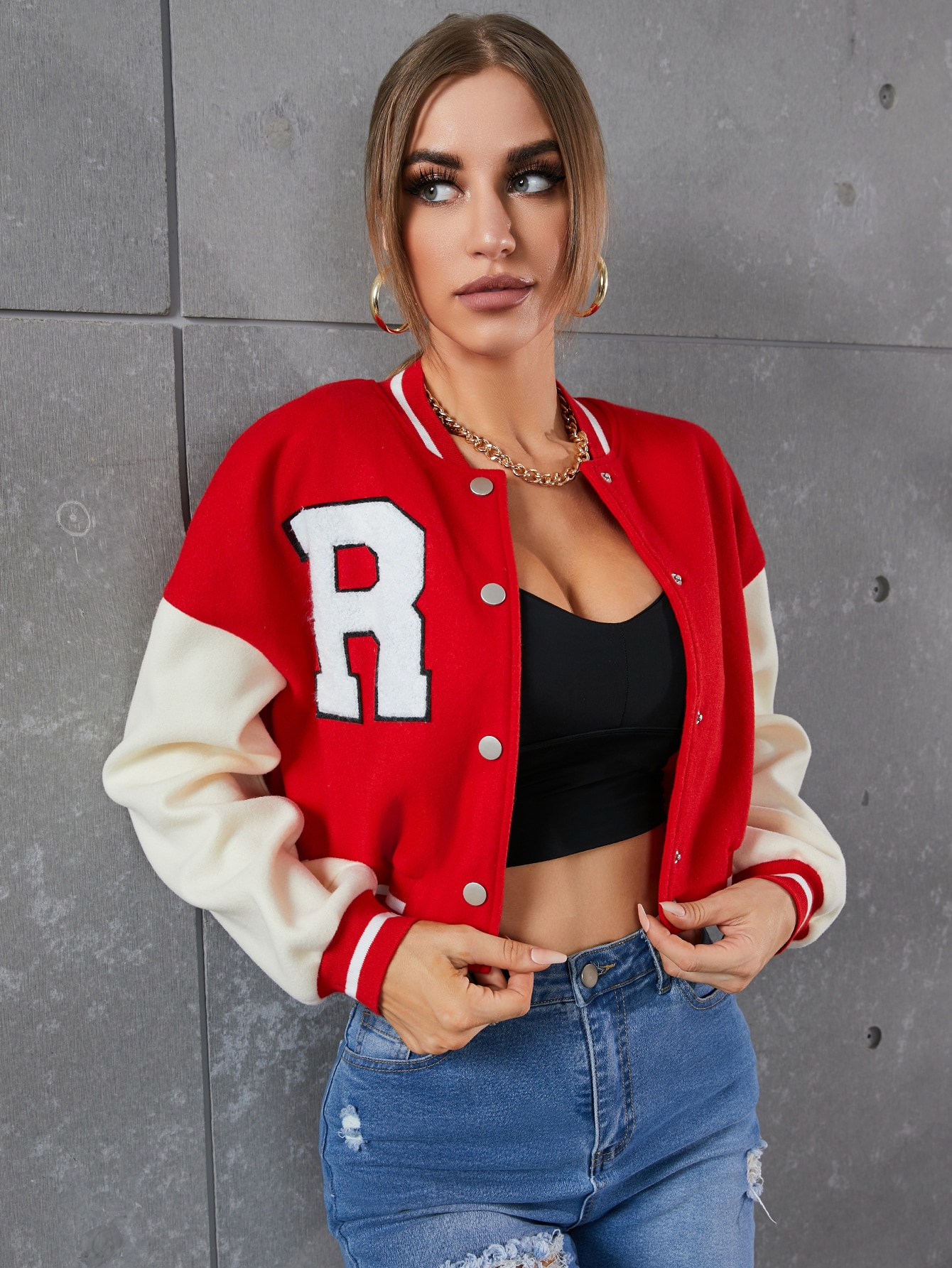 Letter Patched Striped Trim Drop Shoulder Varsity Jacket