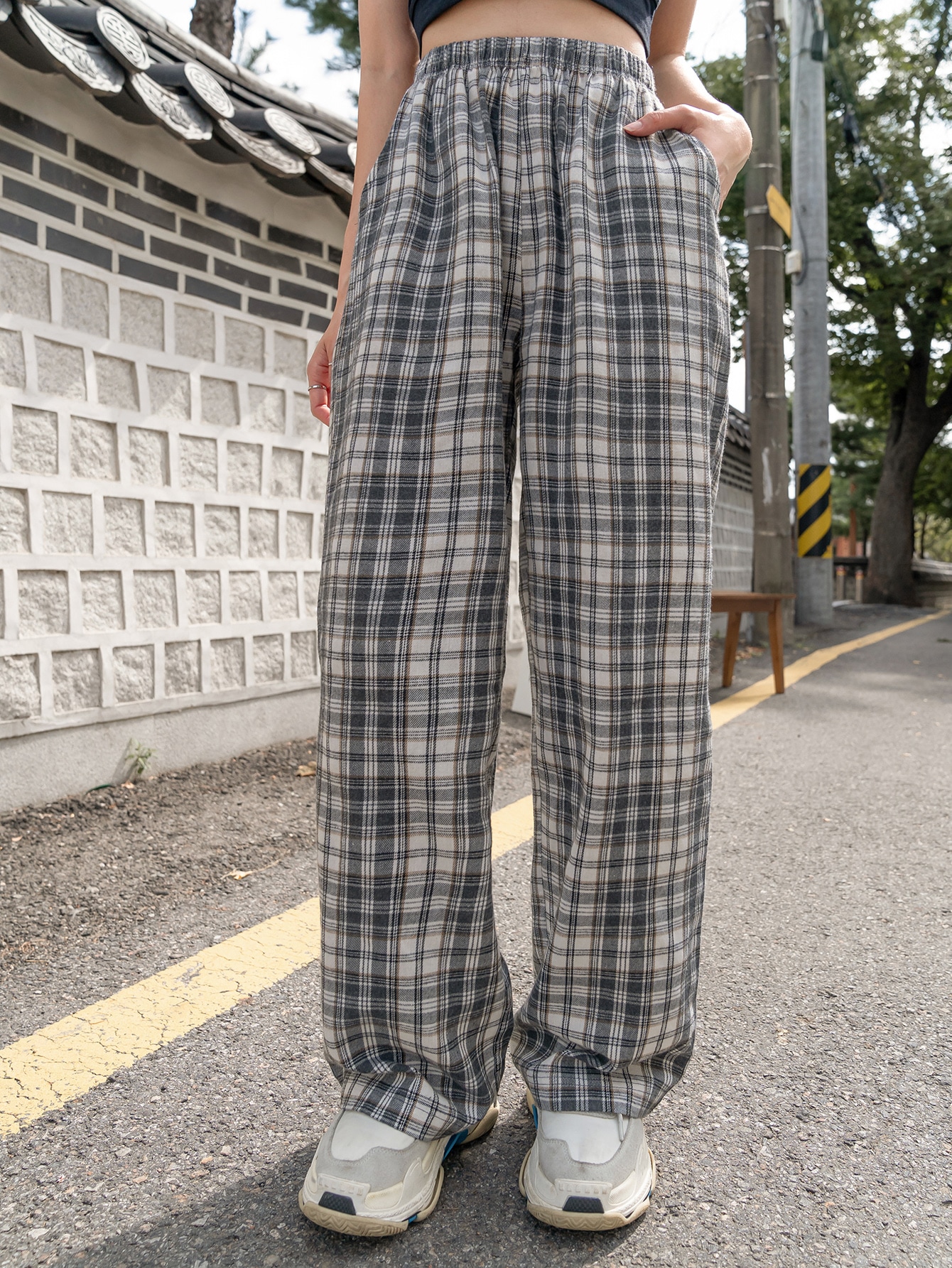 Plaid Slant Pocket Pants