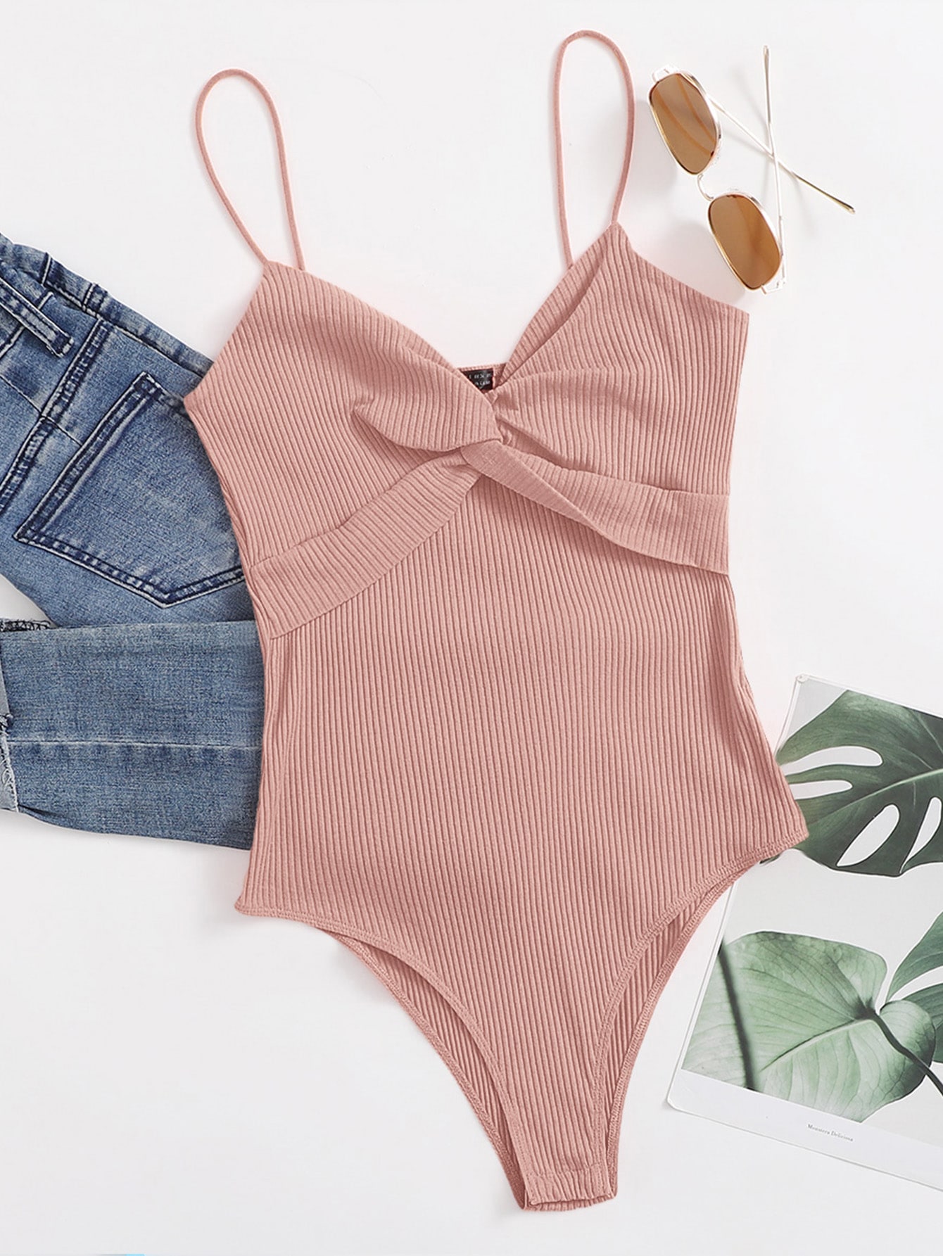 Twist Front Rib-knit Slip Bodysuit