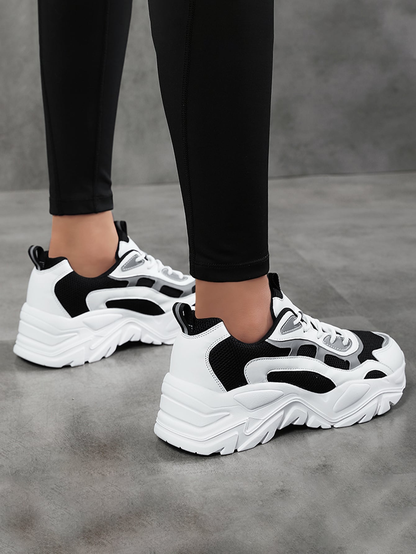 Black Colorblock Lace-Up Front Chunky Sneakers