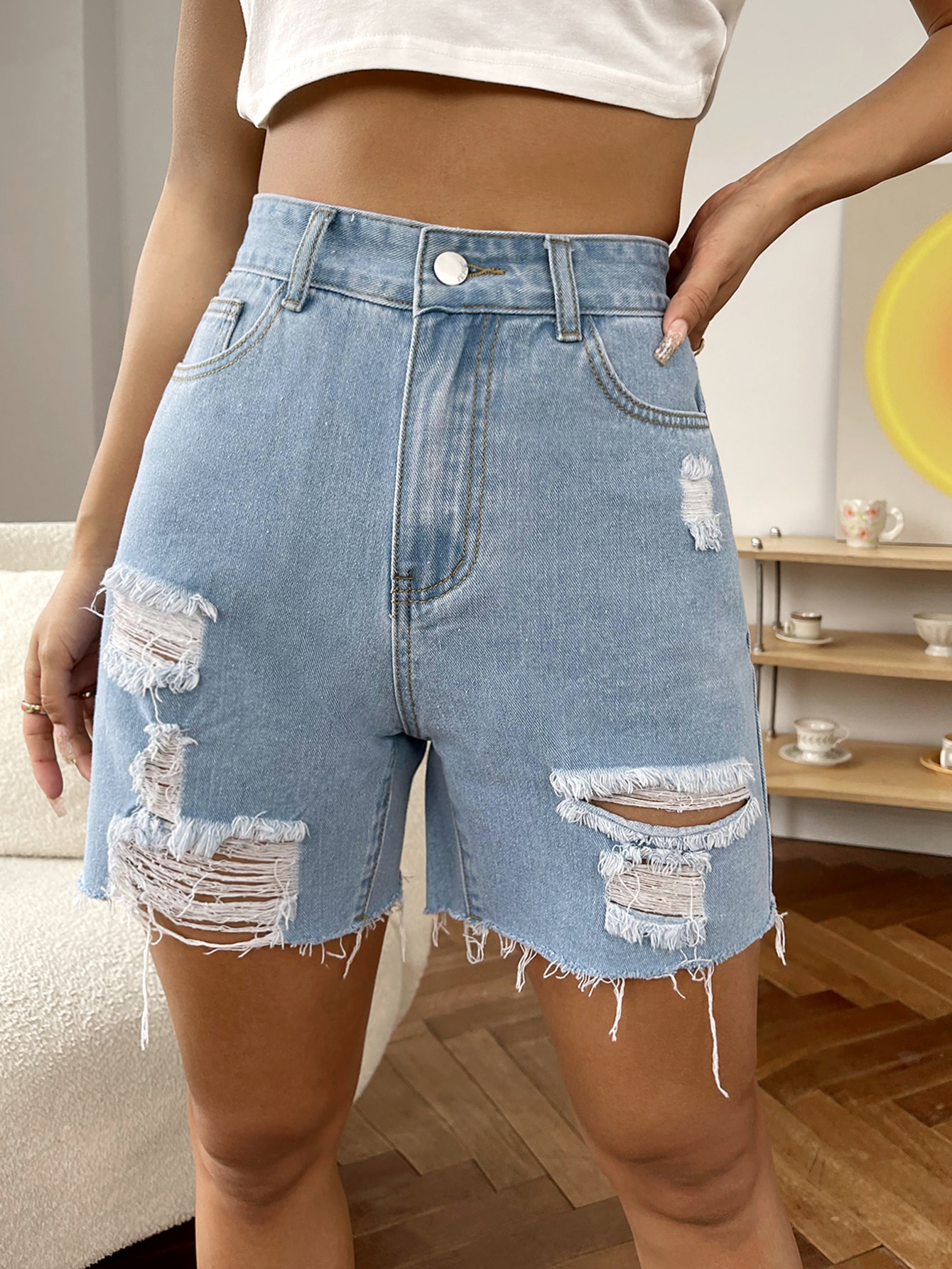 Ripped Raw Hem Denim Shorts