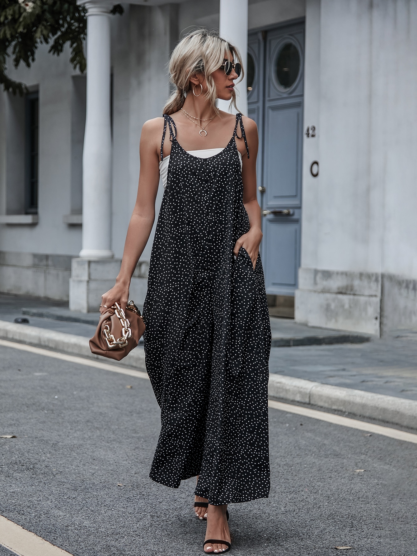 Polka Dot Slant Pockets Tie Shoulder Jumpsuit Without Tube Top