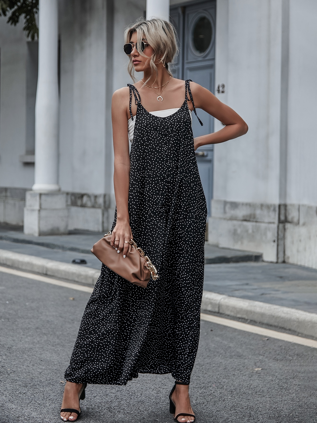 Polka Dot Slant Pockets Tie Shoulder Jumpsuit Without Tube Top