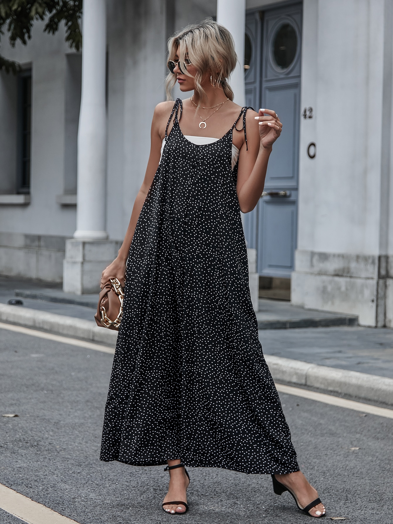 Polka Dot Slant Pockets Tie Shoulder Jumpsuit Without Tube Top