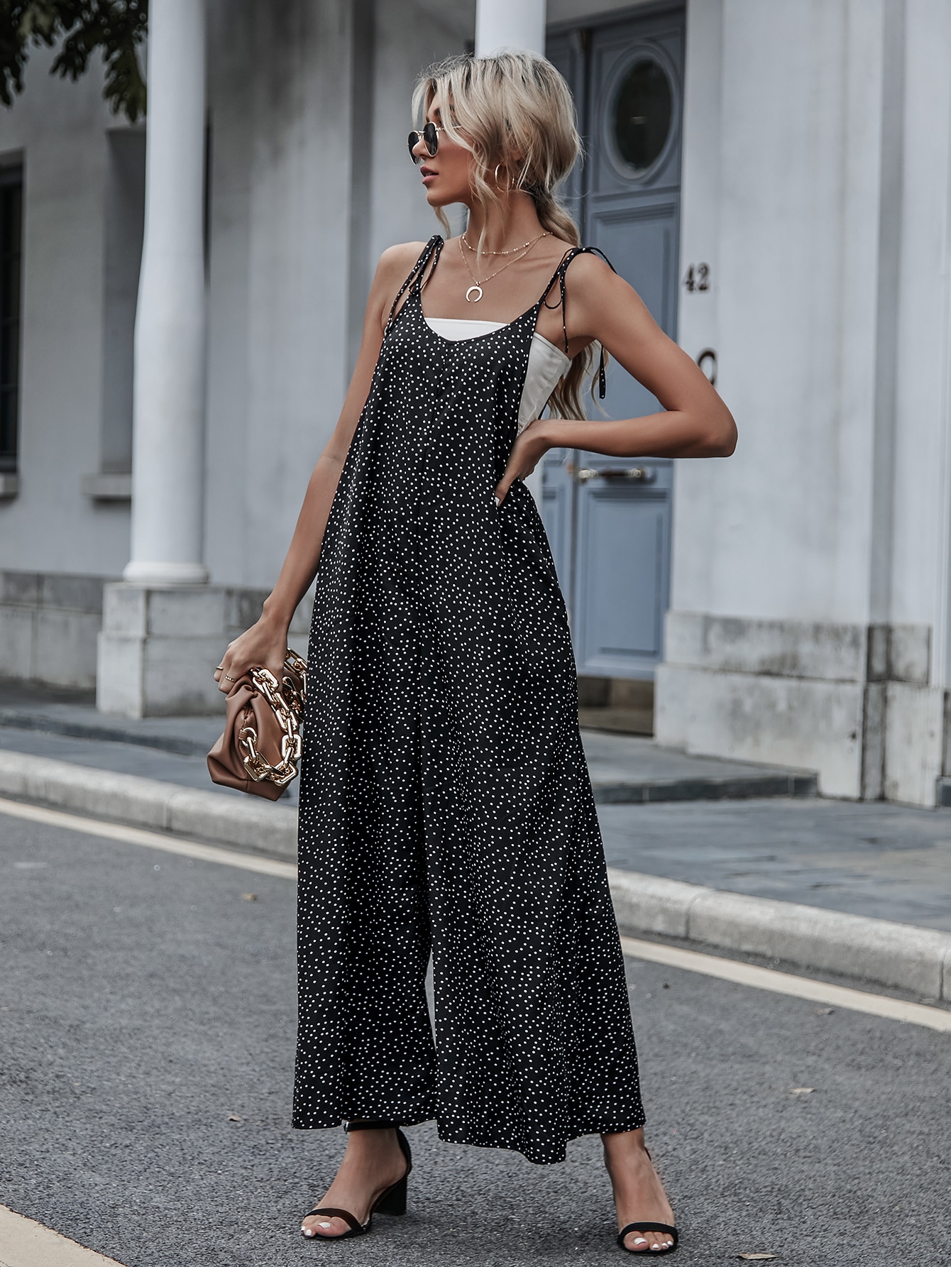 Polka Dot Slant Pockets Tie Shoulder Jumpsuit Without Tube Top