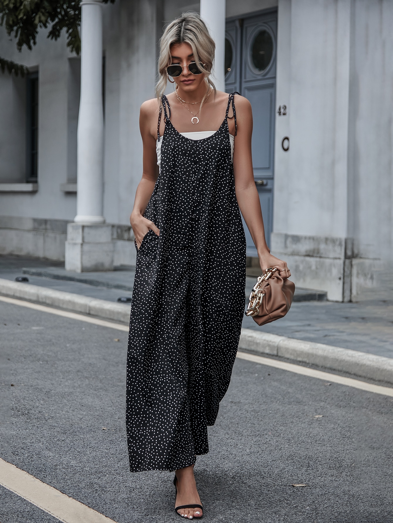 Polka Dot Slant Pockets Tie Shoulder Jumpsuit Without Tube Top