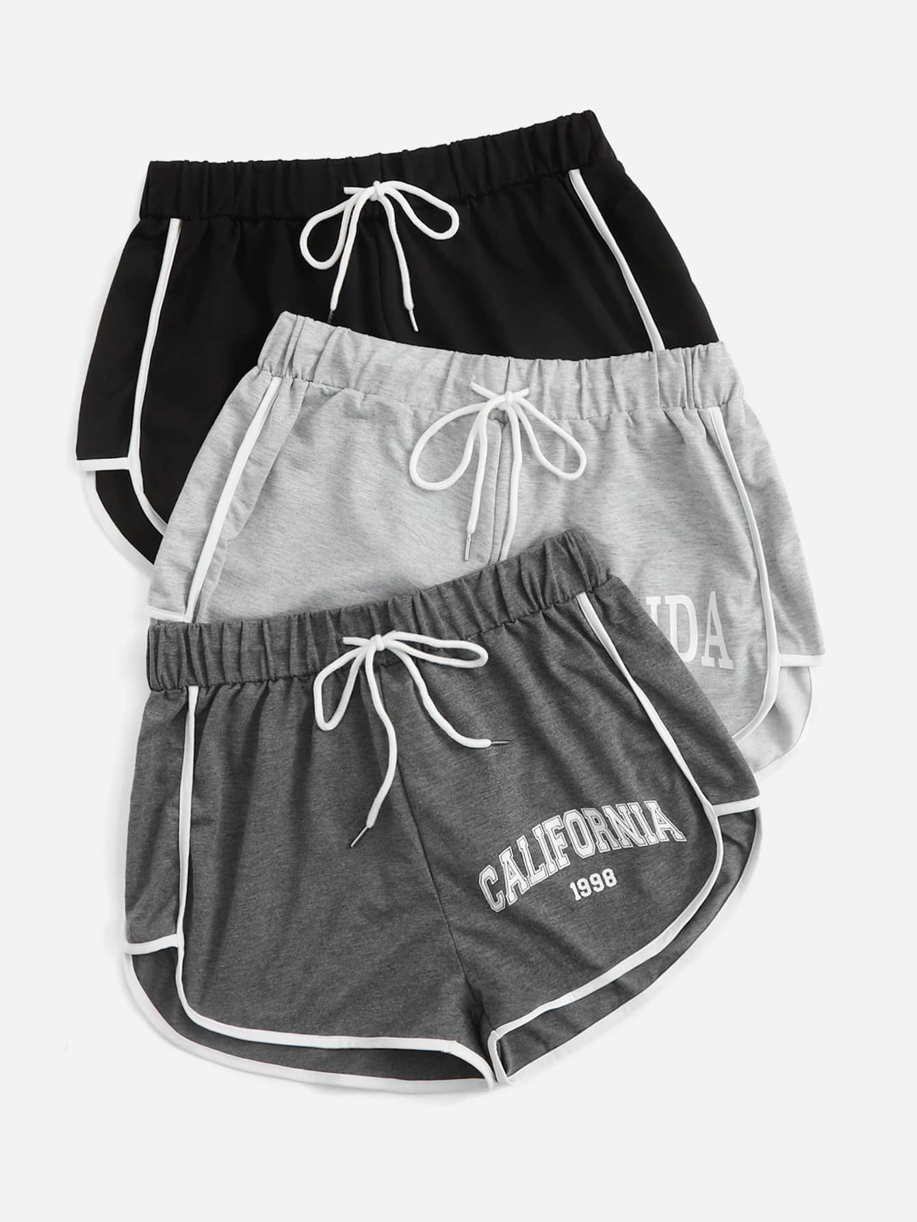 Plus 3pcs Letter Graphic Drawstring Waist Contrast Binding Shorts