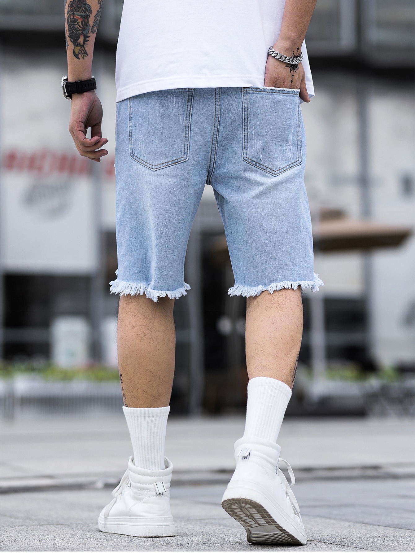 Guys Ripped Frayed Raw Hem Bermuda Denim Shorts