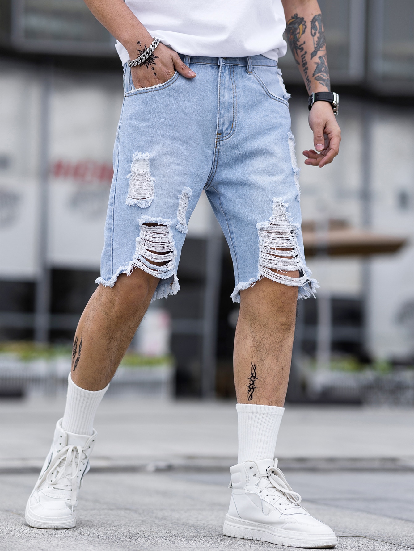 Guys Ripped Frayed Raw Hem Bermuda Denim Shorts