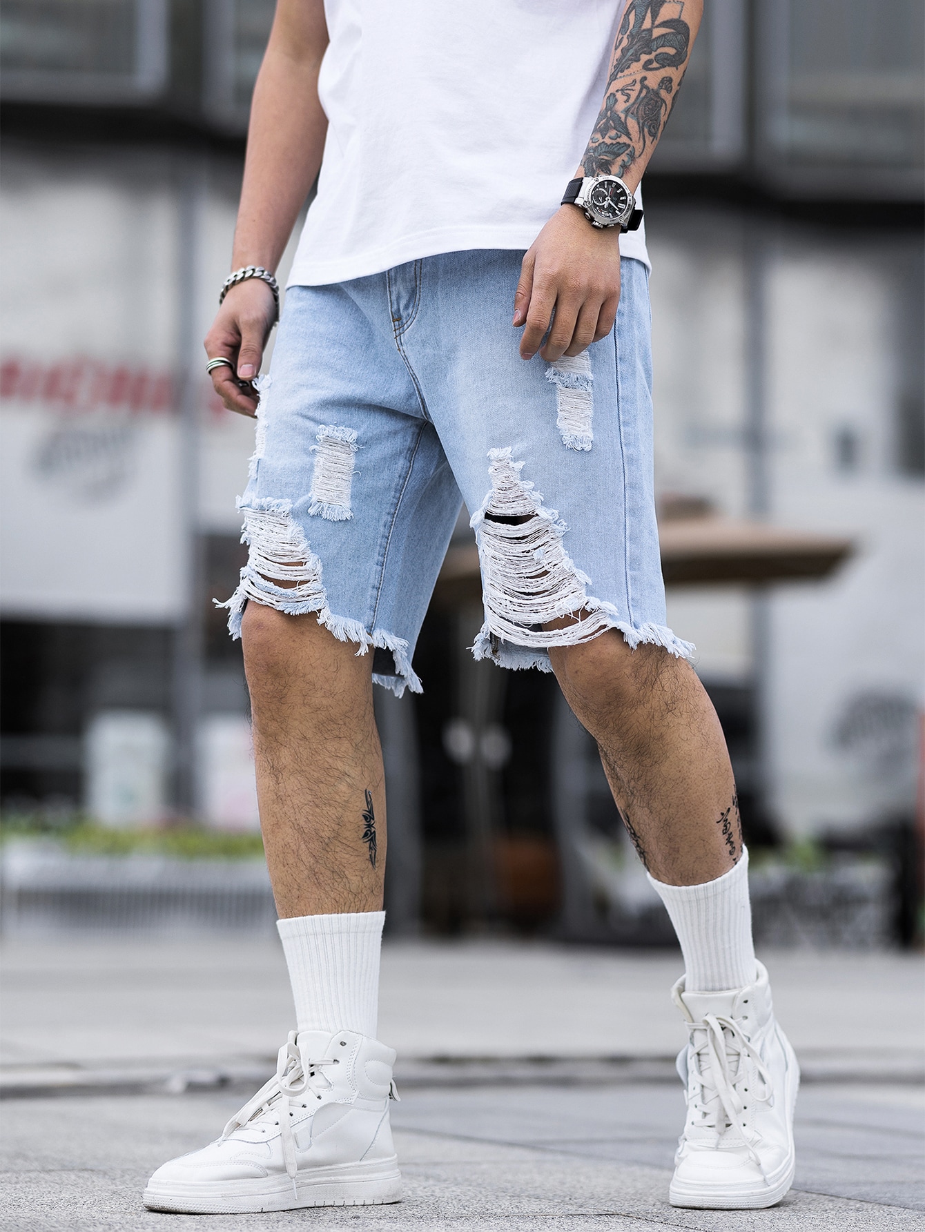 Guys Ripped Frayed Raw Hem Bermuda Denim Shorts