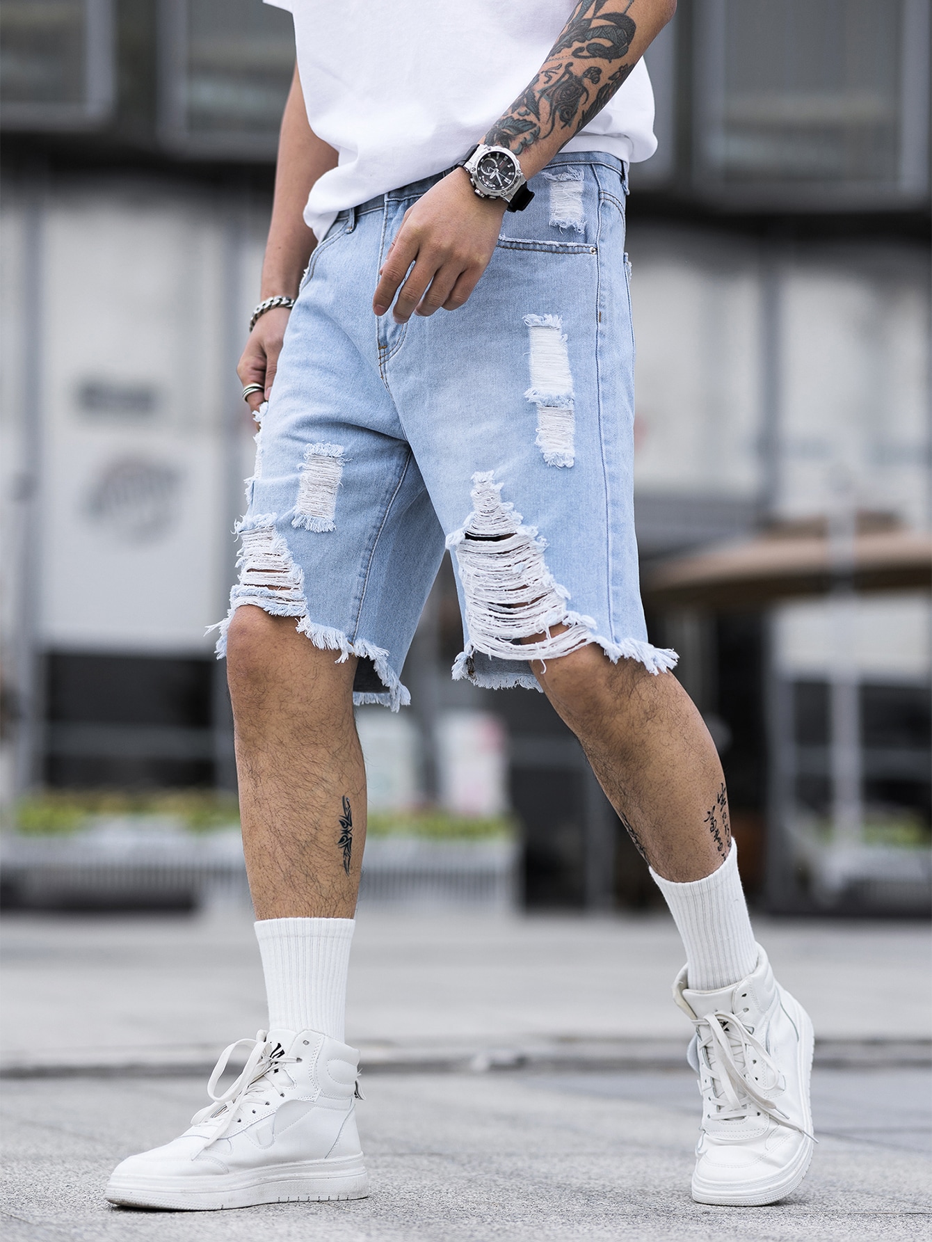 Guys Ripped Frayed Raw Hem Bermuda Denim Shorts