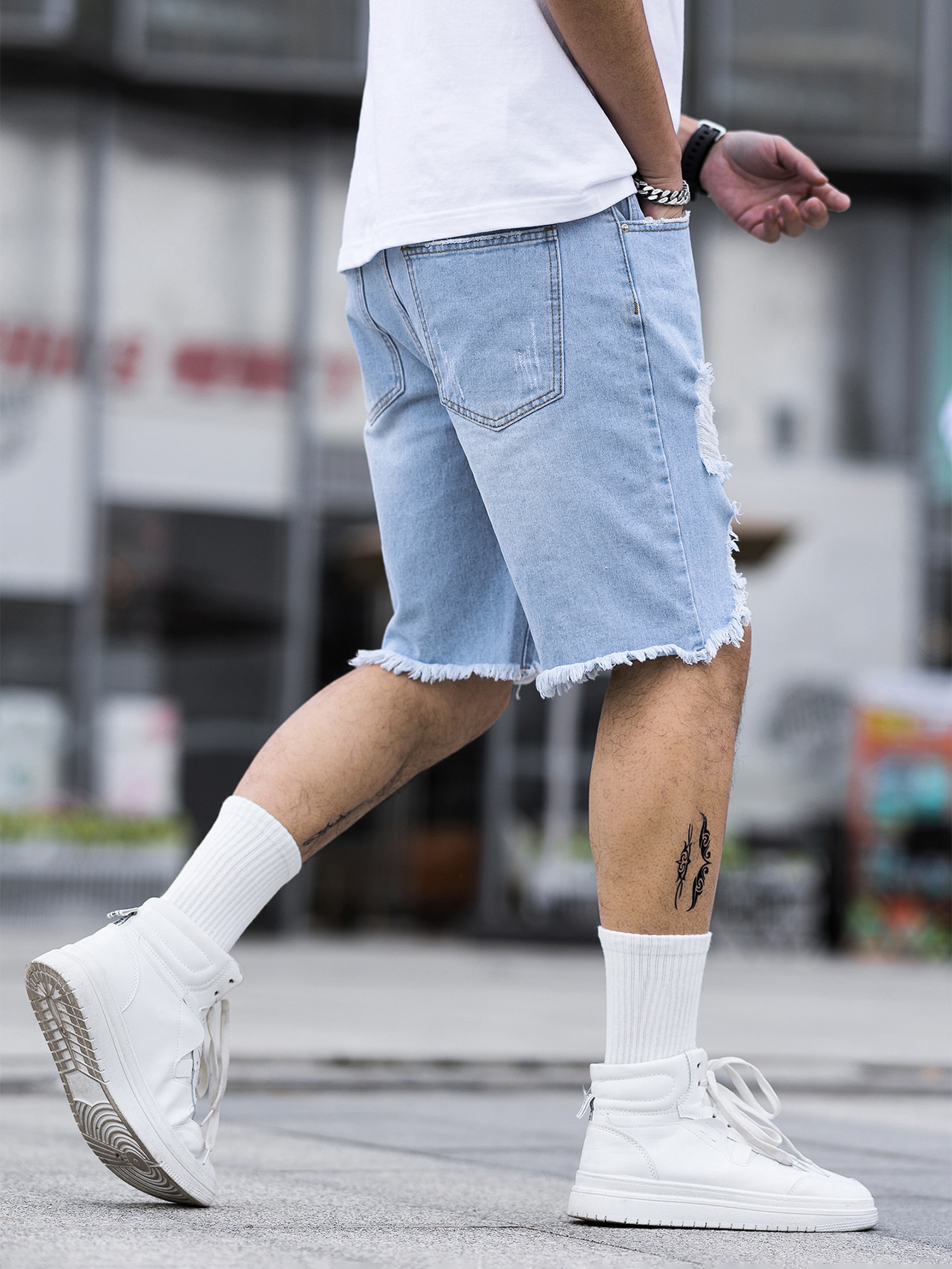 Guys Ripped Frayed Raw Hem Bermuda Denim Shorts
