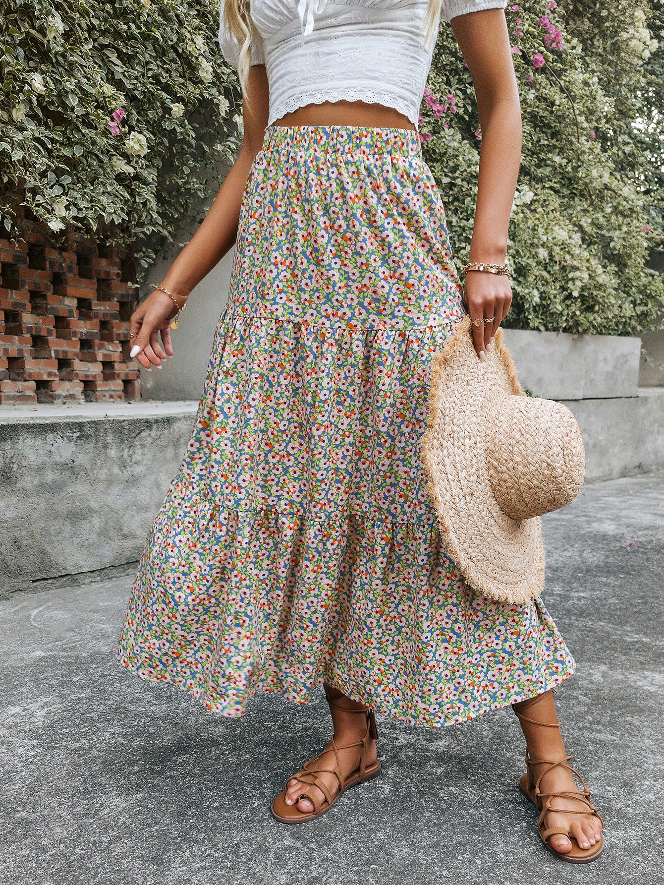 Floral Print Ruffle Hem Skirt