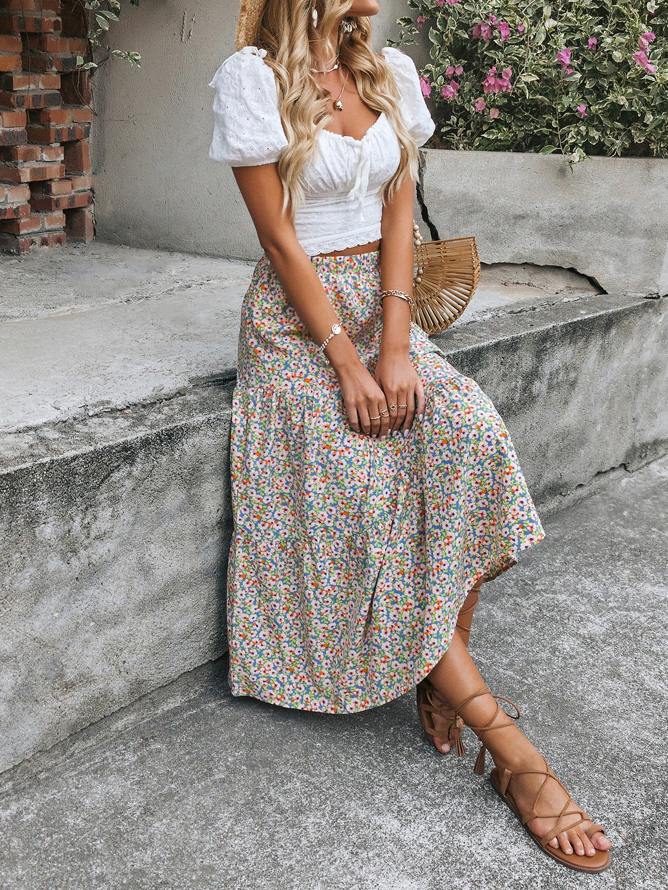 Floral Print Ruffle Hem Skirt
