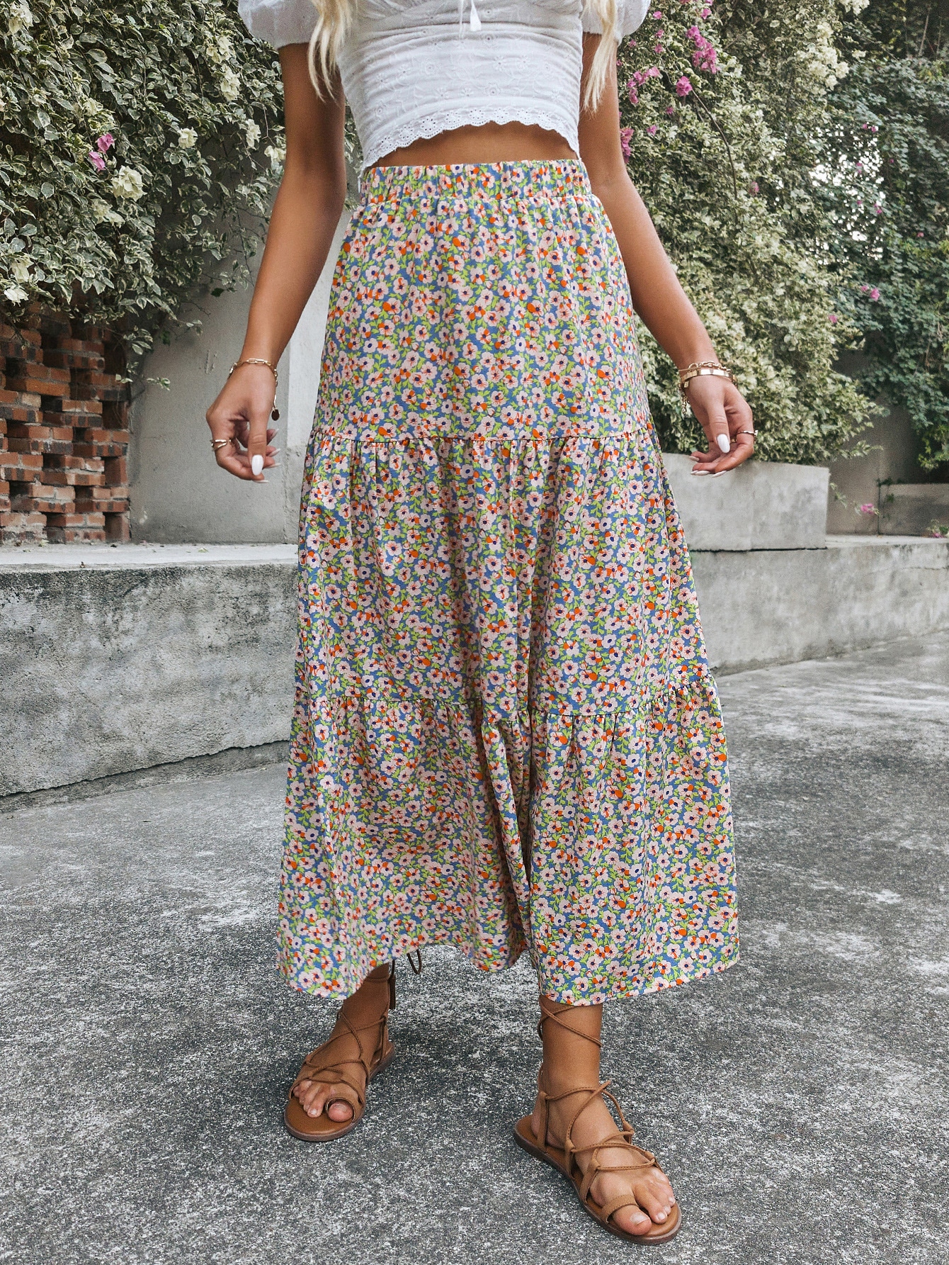 Floral Print Ruffle Hem Skirt