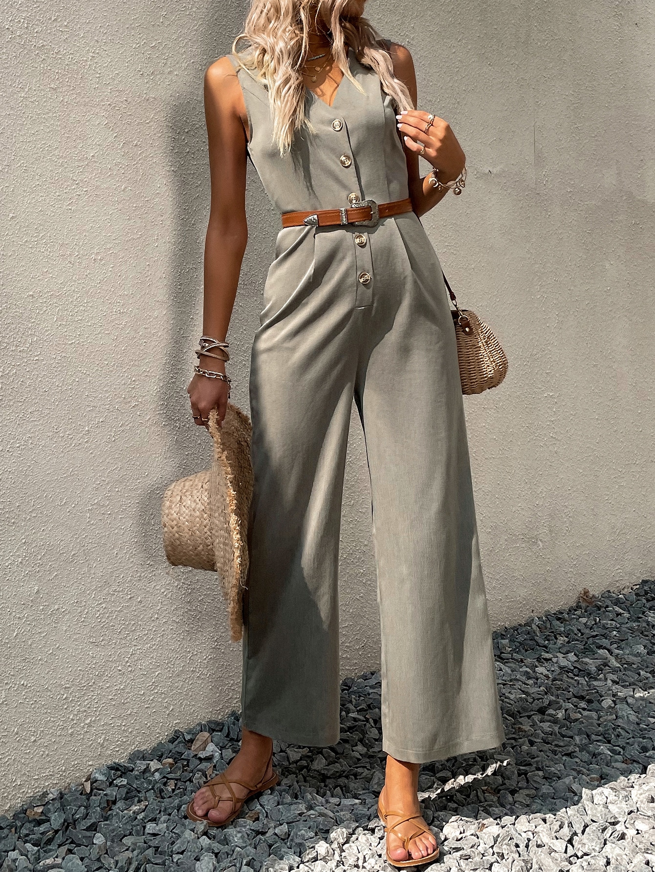 Solid Button Front Jumpsuit Without Belt